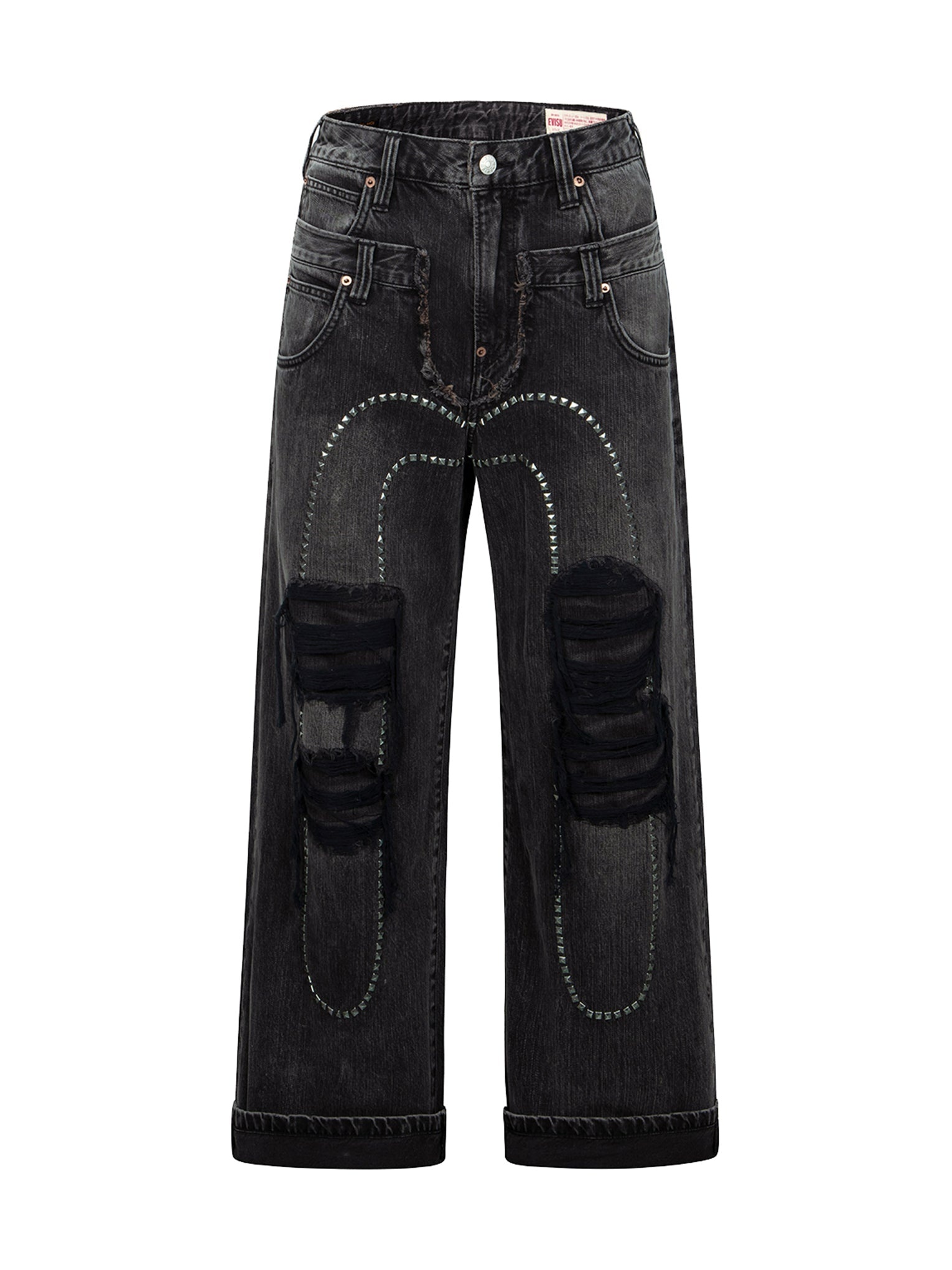 Distressed Studded Daicock and Fair Isle Snowflake Printed Pocket Fashion Fit Jeans - 11