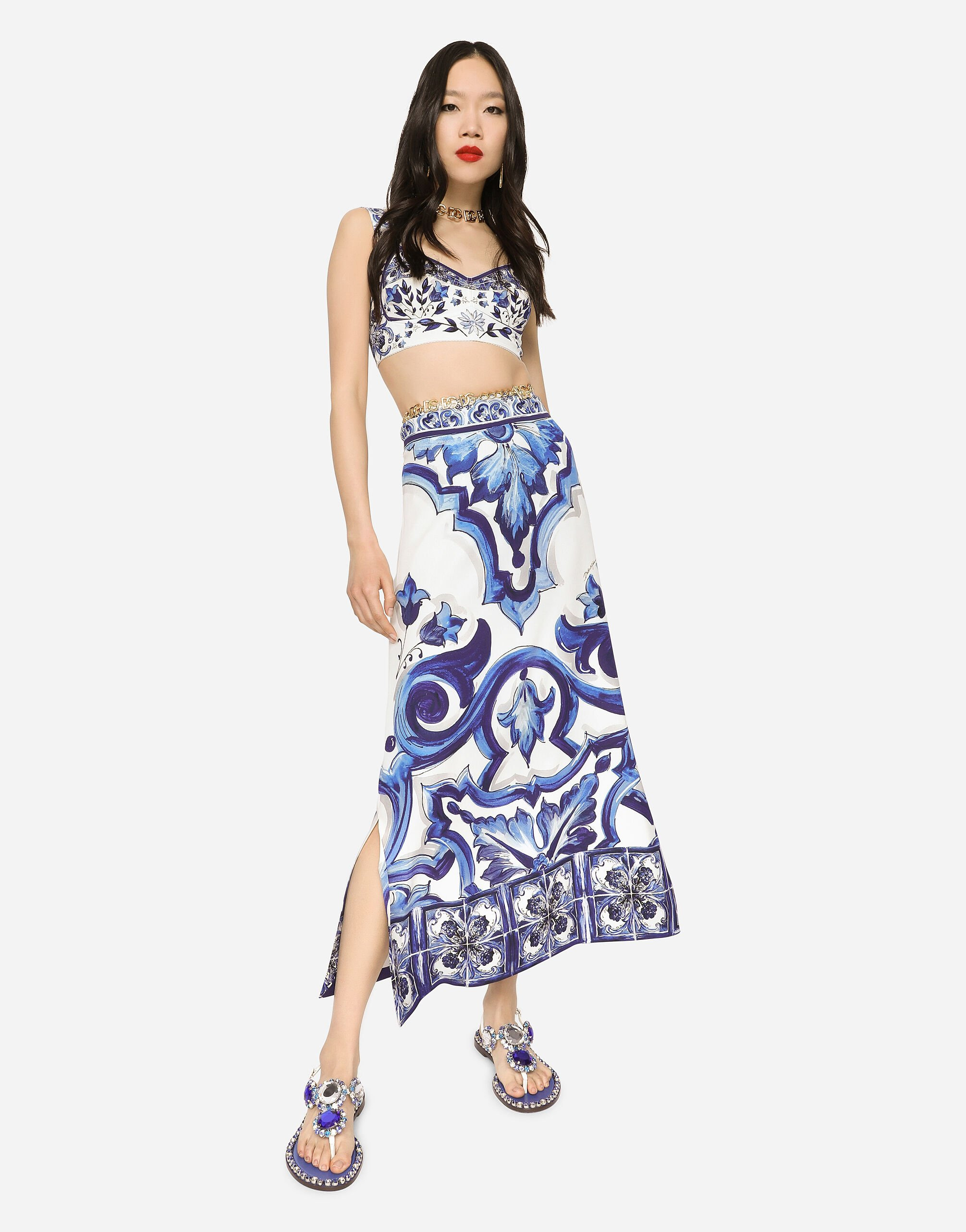 Majolica-print charmeuse calf-length skirt with slit - 5