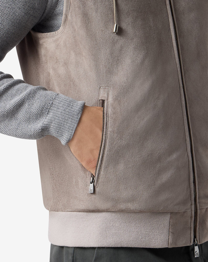 Greige suede gilet with detachable hood 5