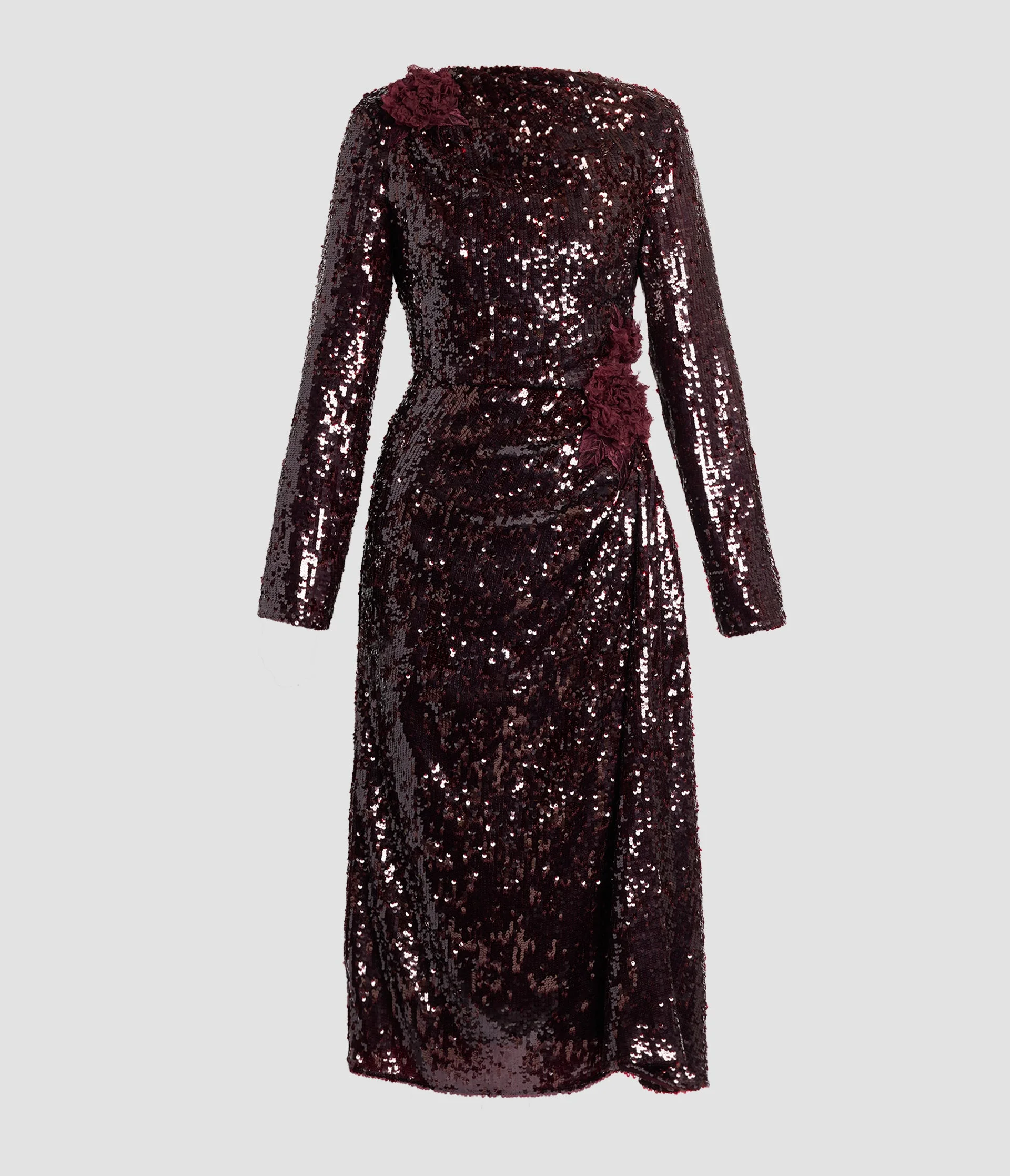 FLORAL APPLIQUE SEQUIN DRAPED MIDI DRESS - 1