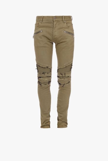 Slim-cut ripped khaki cotton jeans - 1
