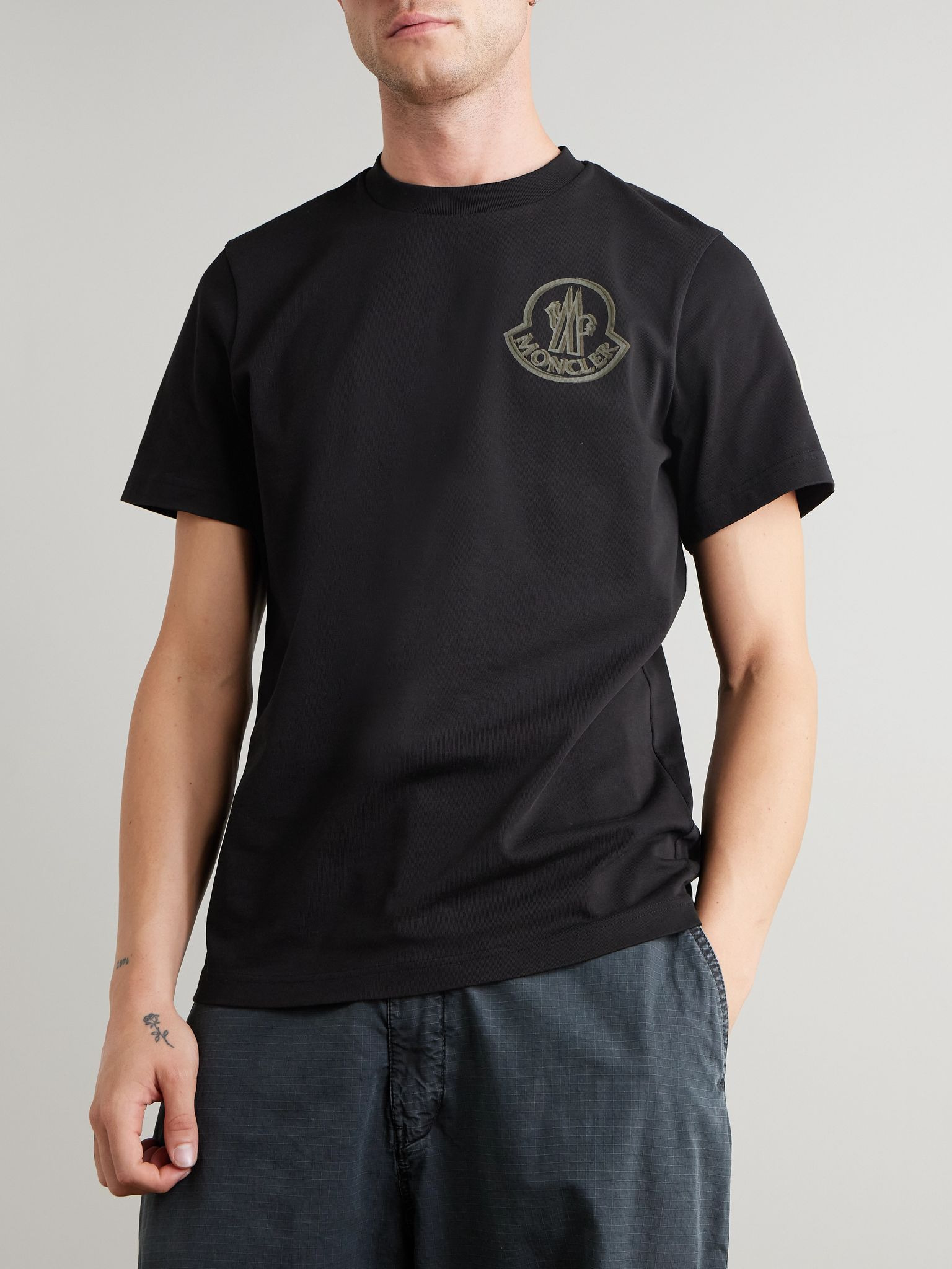 Logo-Flocked Appliquéd Cotton-Jersey T-Shirt Black - 3