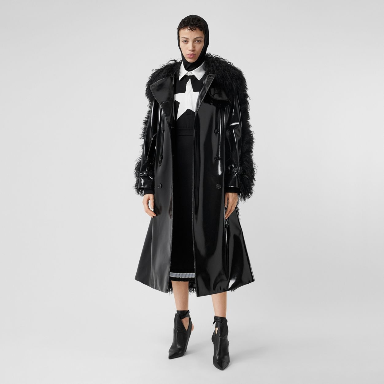 Shearling Trim Vinyl Trench Coat - 2