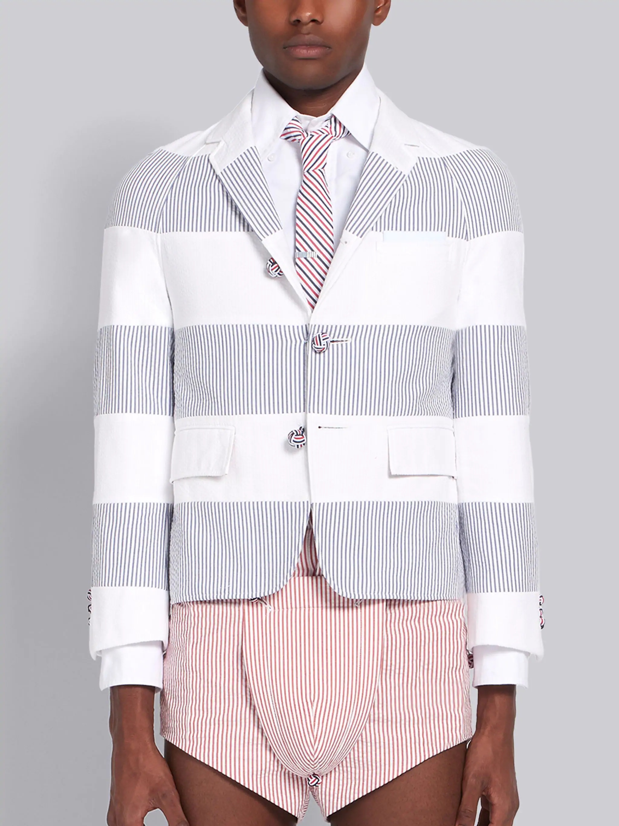 White Seersucker Rugby Stripe Cropped Raglan Sport Coat - 1