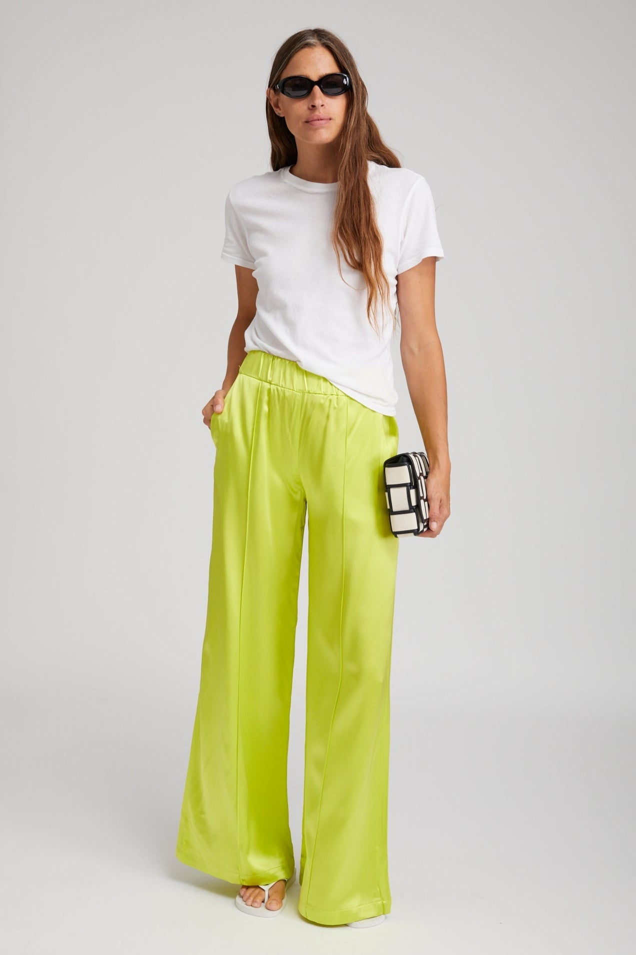 ELECTRIC CHARTREUSE SILK WIDE LEG PINTUCK PANTS - 3