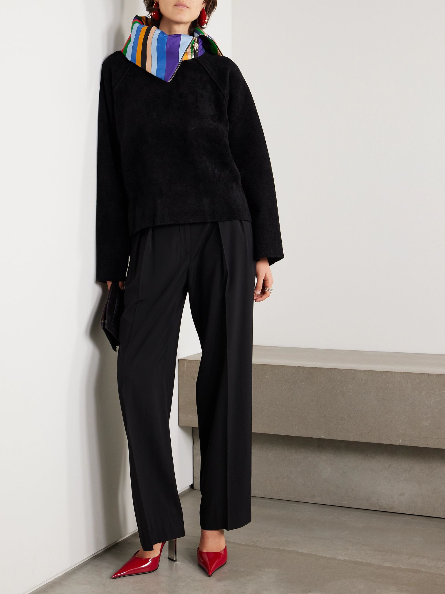 Silk-satin trimmed wool-blend fleece half-zip sweater Black - 2