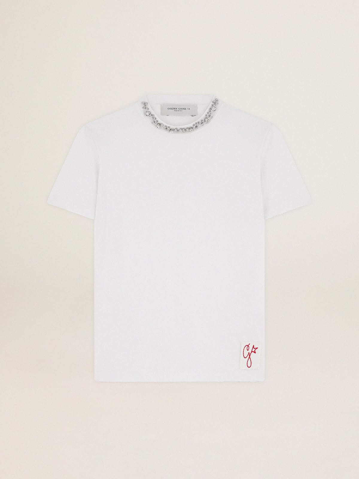 Women's white T-shirt with cabochon crystals - 1