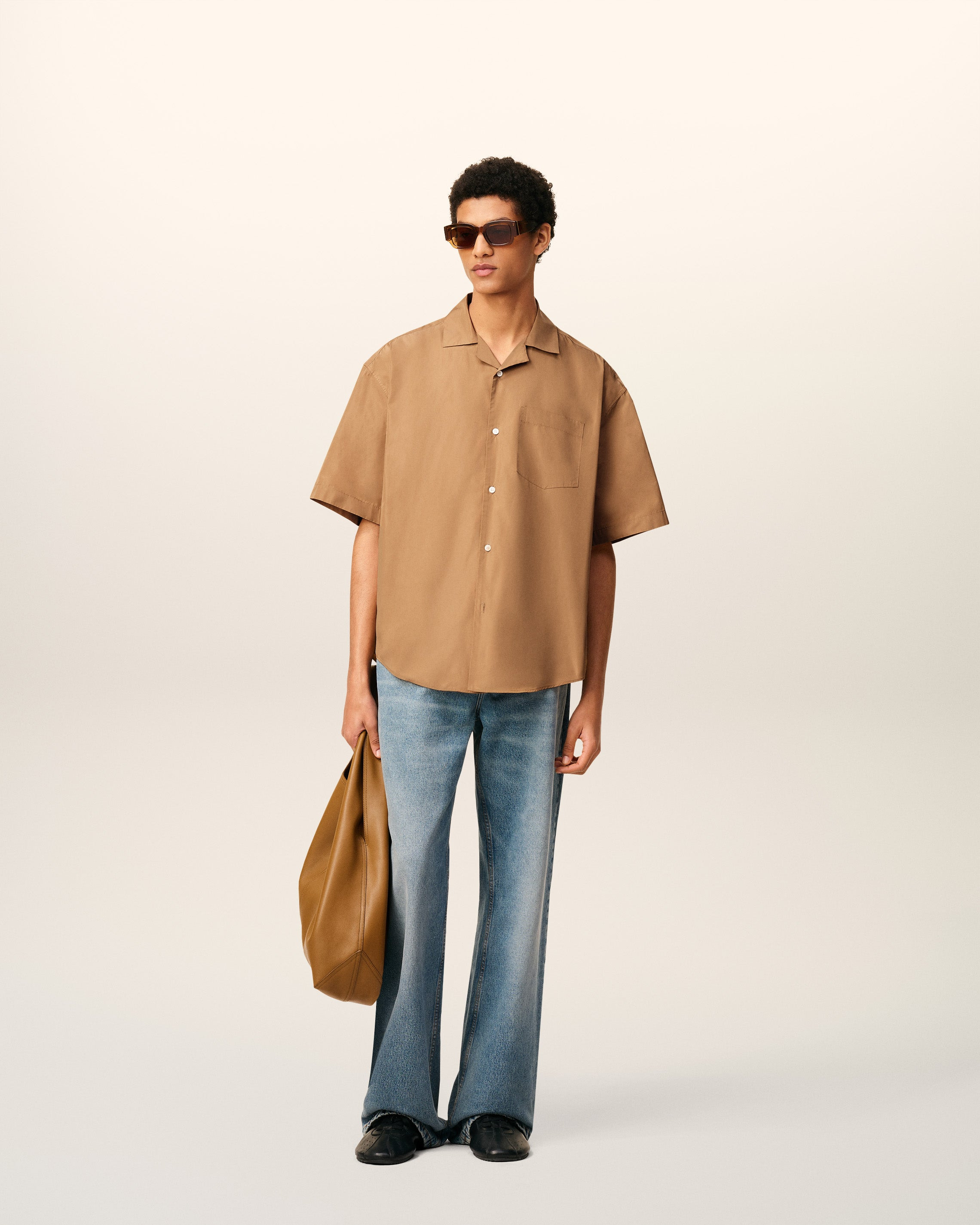 BROWN TAFFETASS SHORT SLEEVED BOXY SHIRT - 2