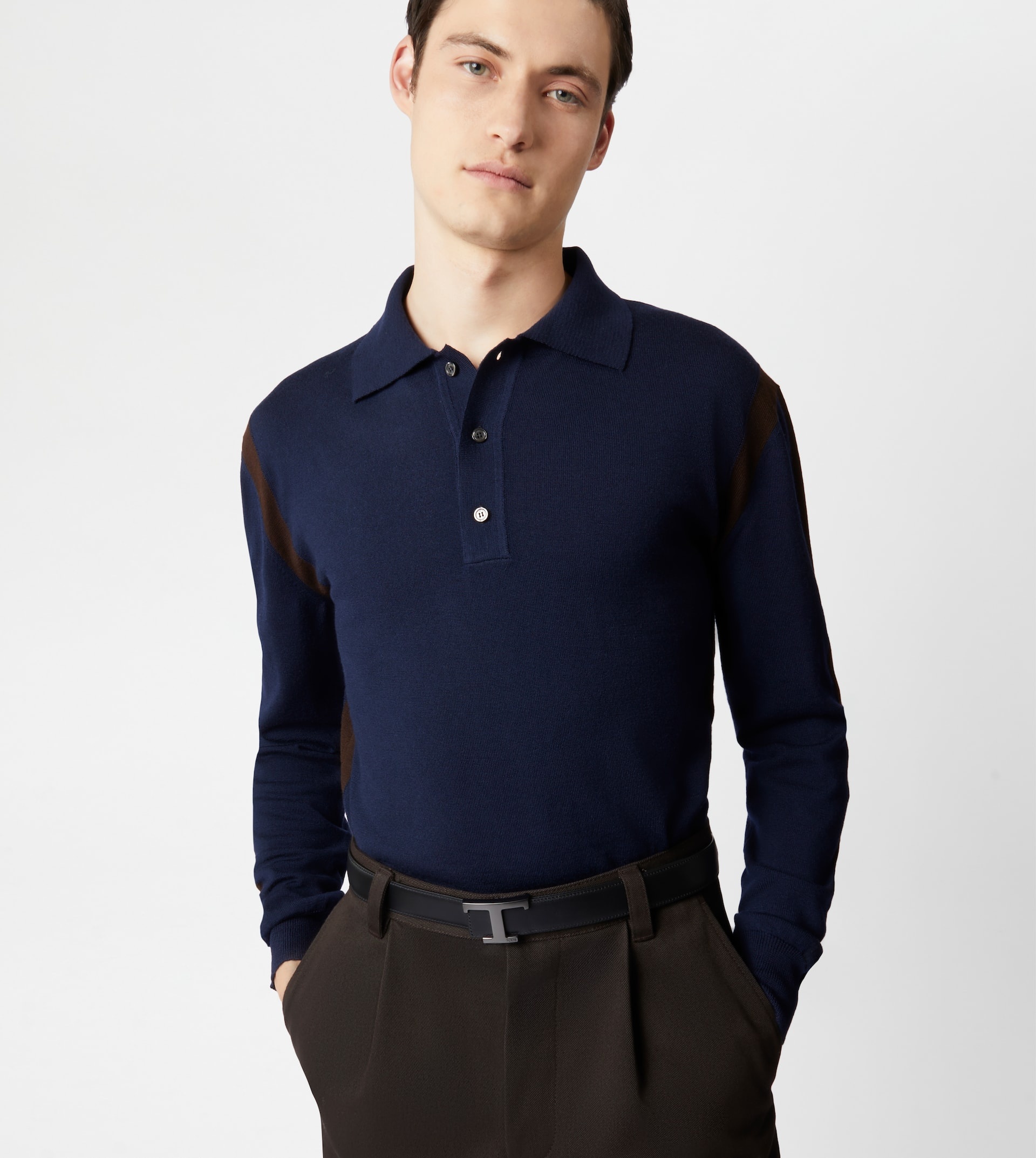 POLO SHIRT IN WOOL - BLUE, BROWN - 5