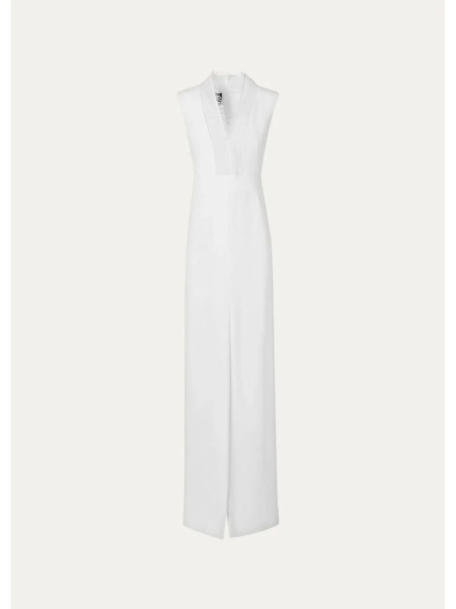 Sleeveless Fringed Organza V-Neck Silk Crêpe Column Gown - 1