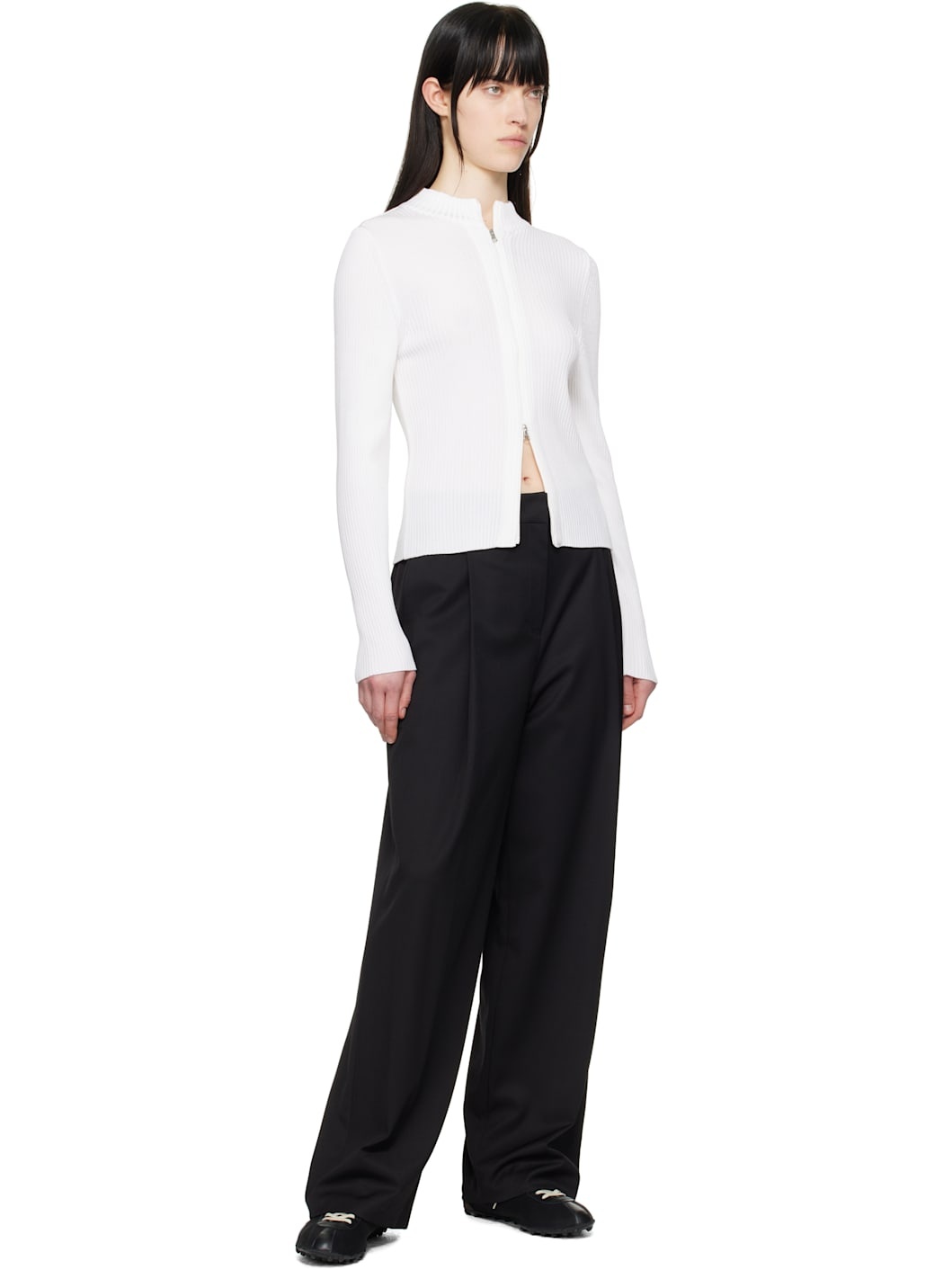 White Ribbed Mock Neck Cardigan - 4