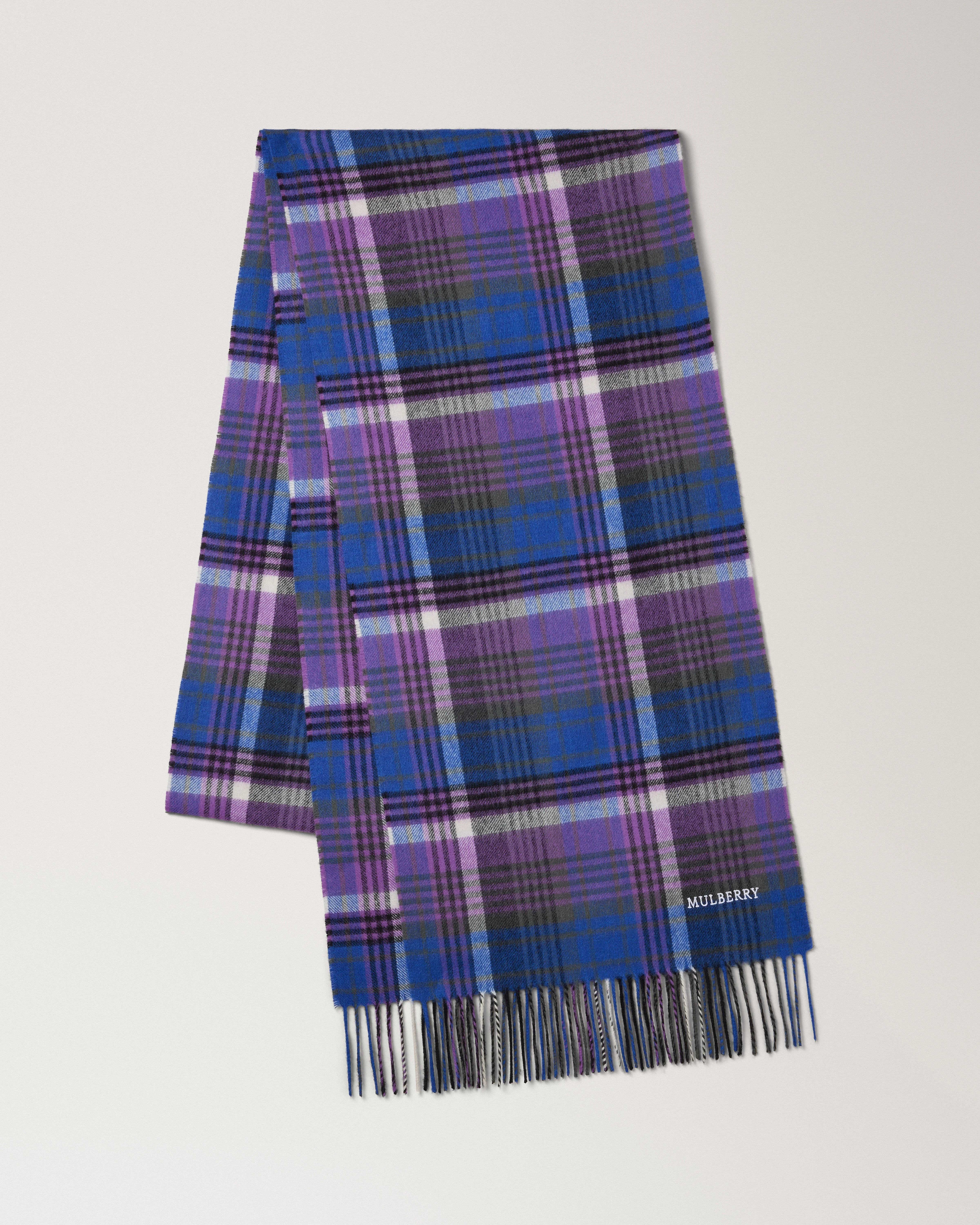 Long Mulberry Heritage Check Scarf Pigment Blue & Black Merino Wool - 1