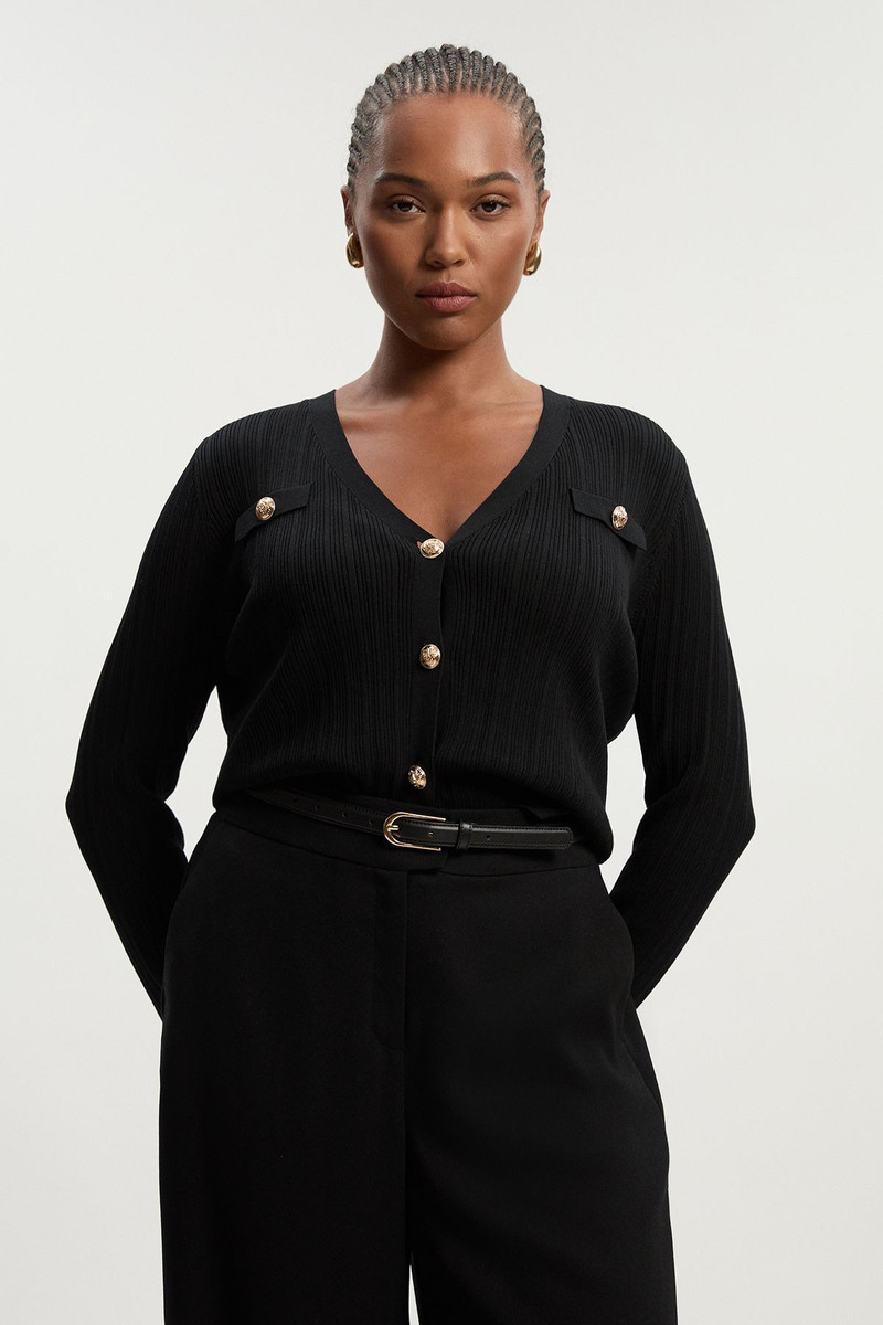 Plus Size Viscose Blend Dry Handle Rib Military Trim Cardigan 1