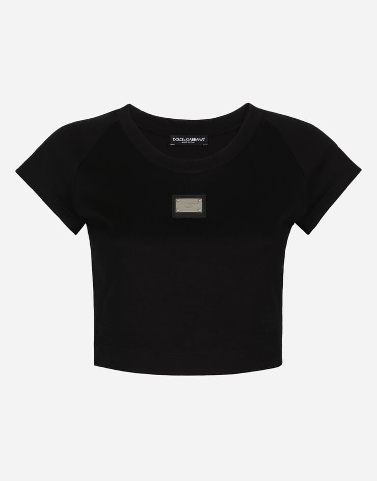 Cropped jersey T-shirt with Dolce&Gabbana tag - 1