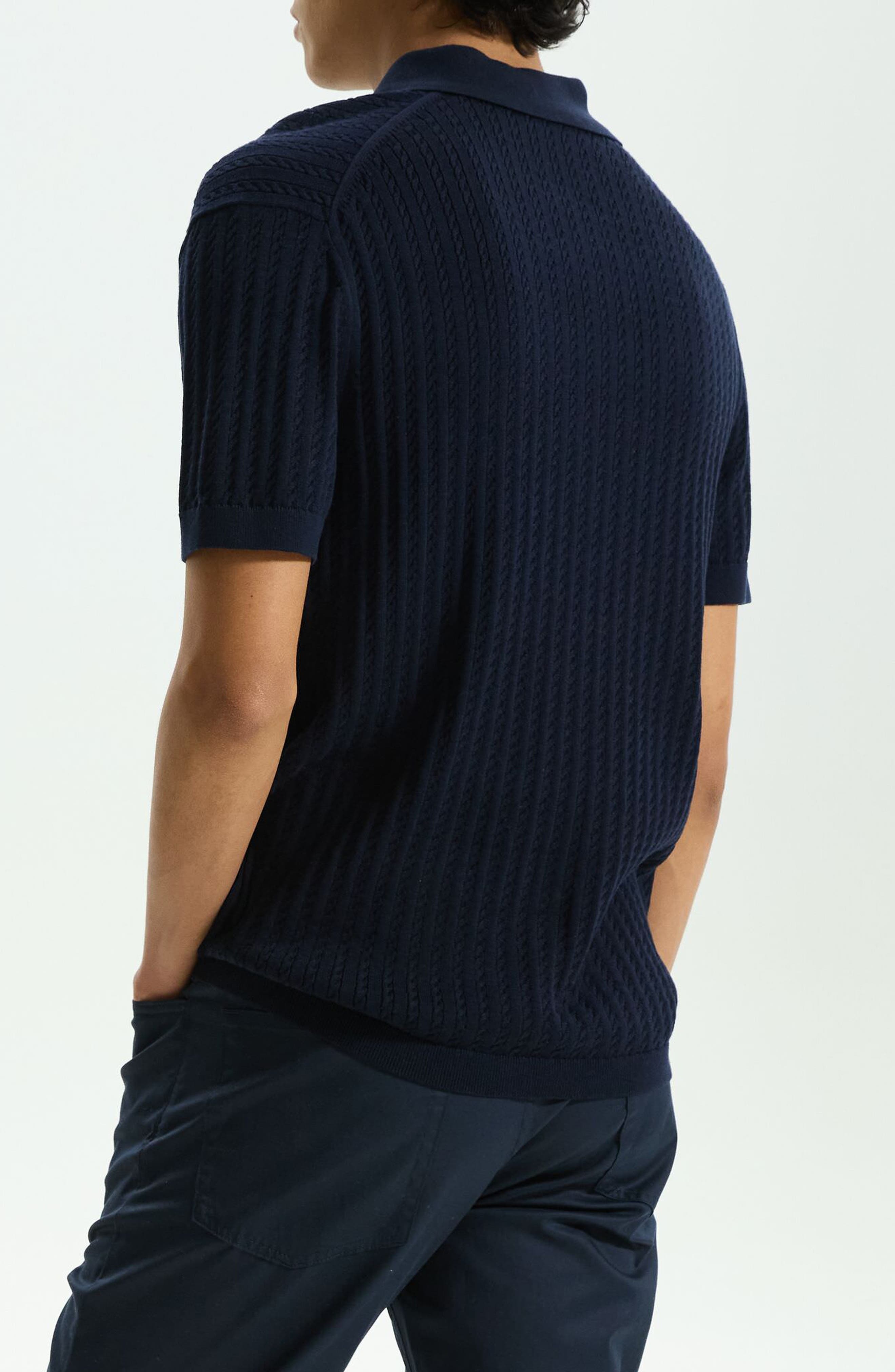 Theory Cable Short Sleeve Cotton Blend Polo Sweater in Baltic at Nordstrom - 2