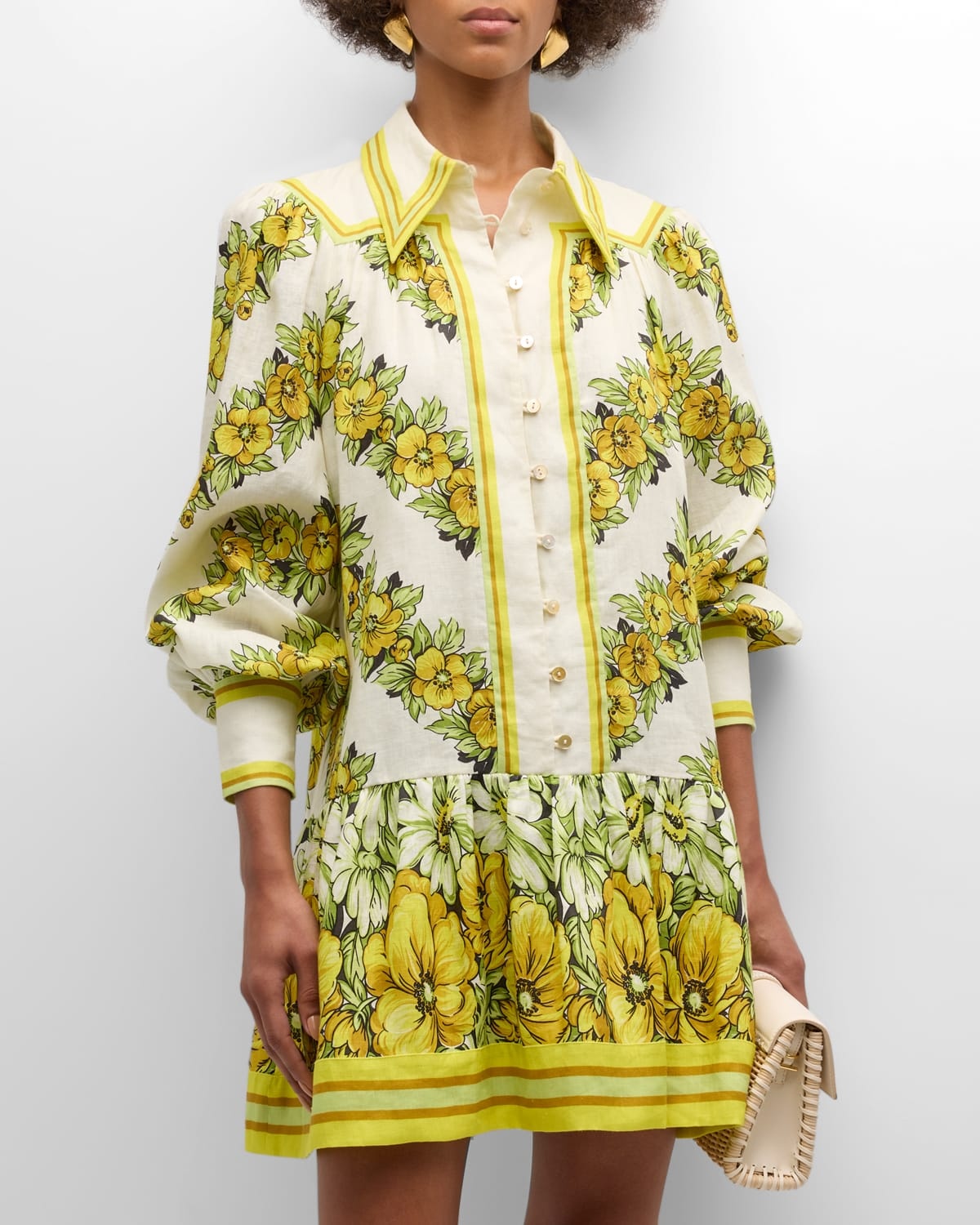 Gisela Floral Linen Balloon-Sleeve Mini Shirtdress - 3