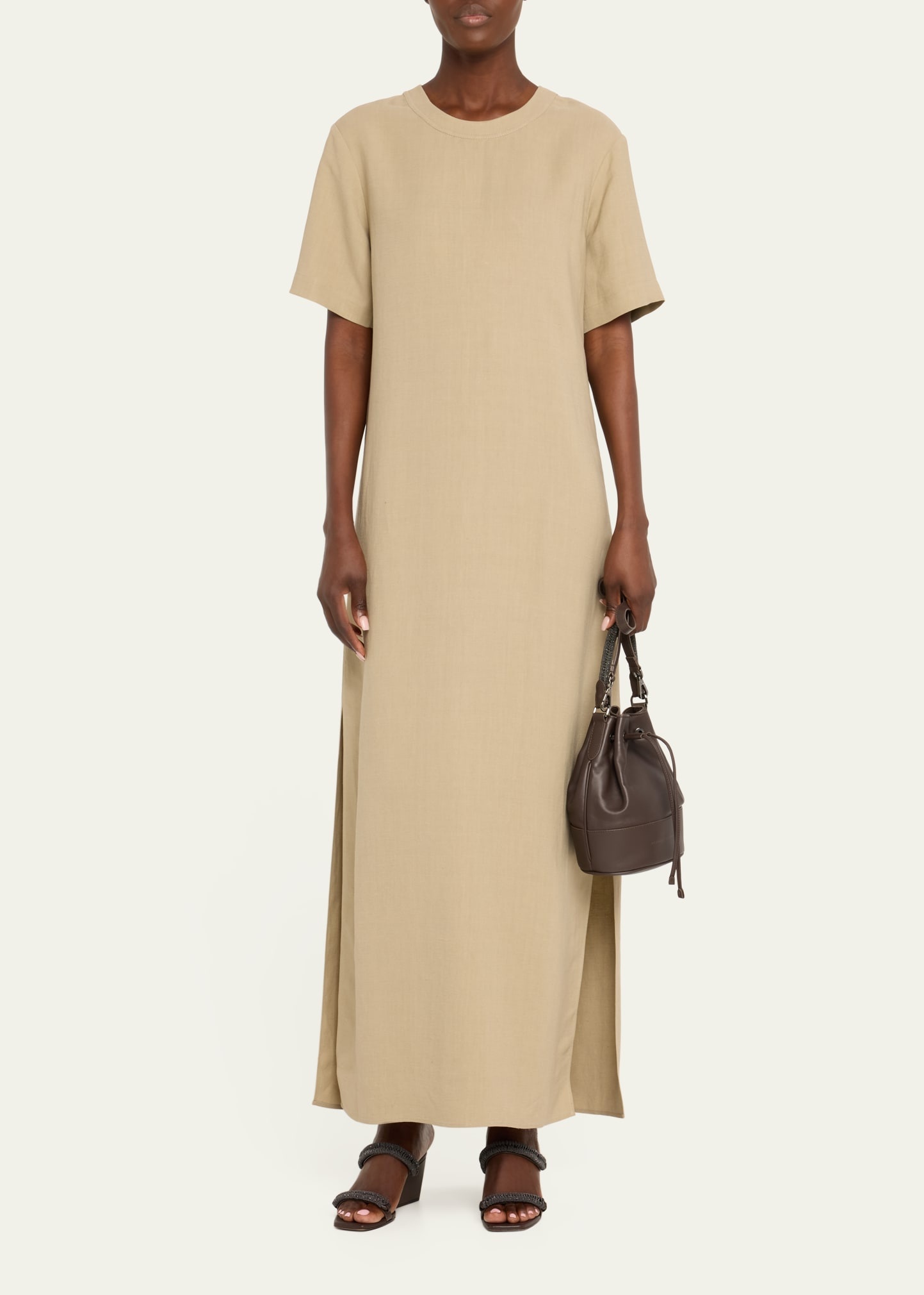 Fluid Linen Twill T-Shirt Dress with Slits and Monili Detail - 2