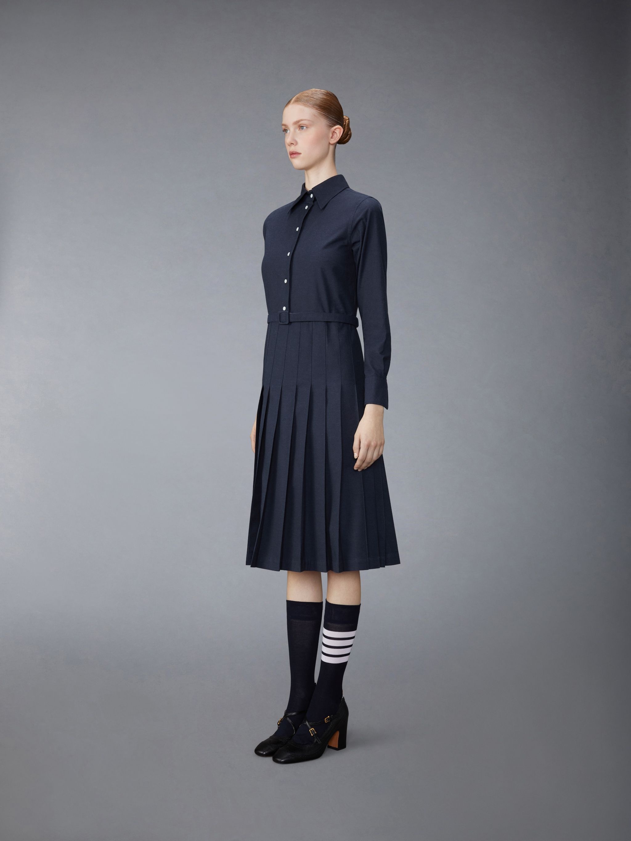Stripe Cotton Flannel Midi Pleated Bottom Belted Dress - 2