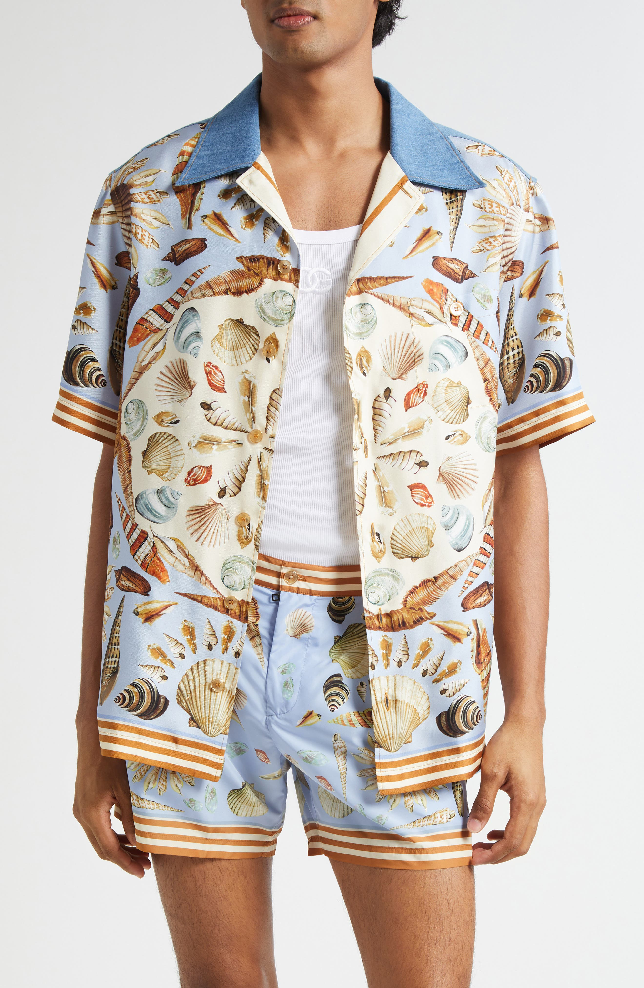 Dolce&Gabbana Seashell Print Mixed Media Camp Shirt in S9001 Variante Abbinata at Nordstrom - 1