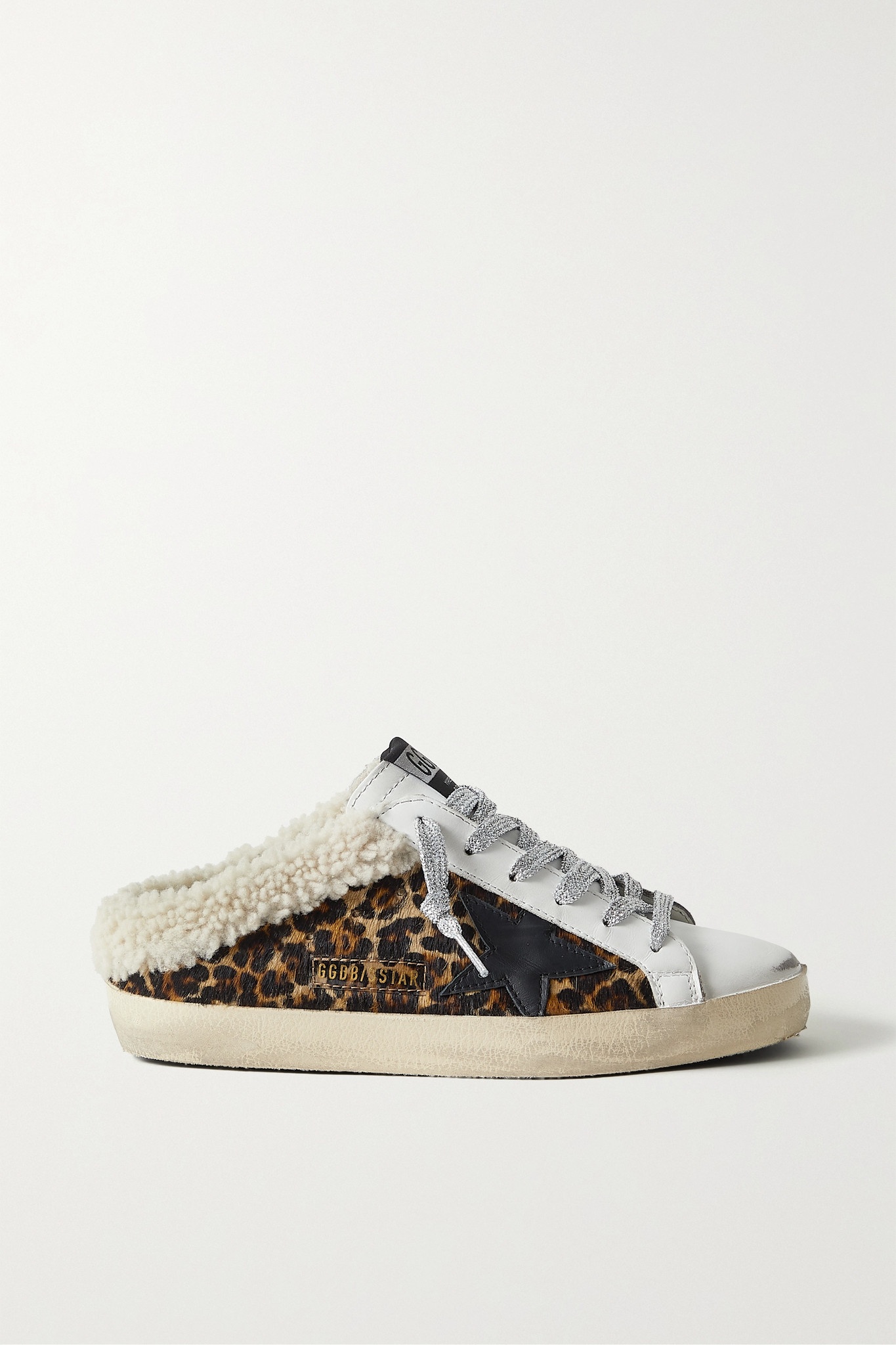 Superstar Sabot shearling-lined distressed glittered leather slip-on sneakers - 1