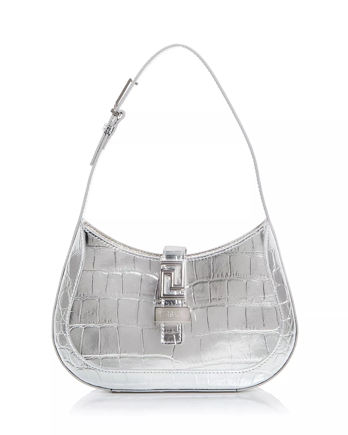 VERSACE Small Greca Goddess Croc Embossed Leather Hobo | REVERSIBLE