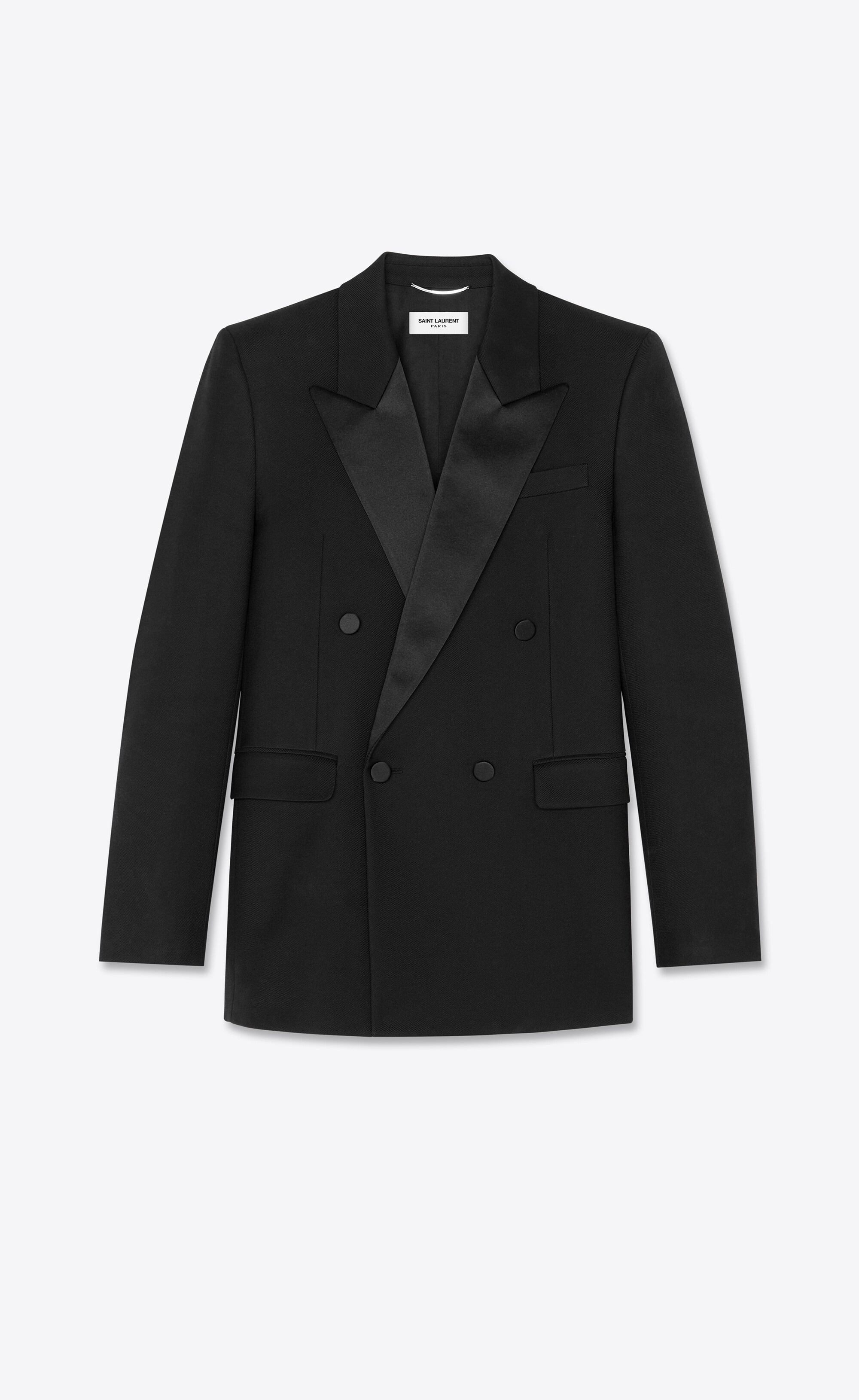 double-breasted square-cut long tuxedo jacket in wool twill - 1