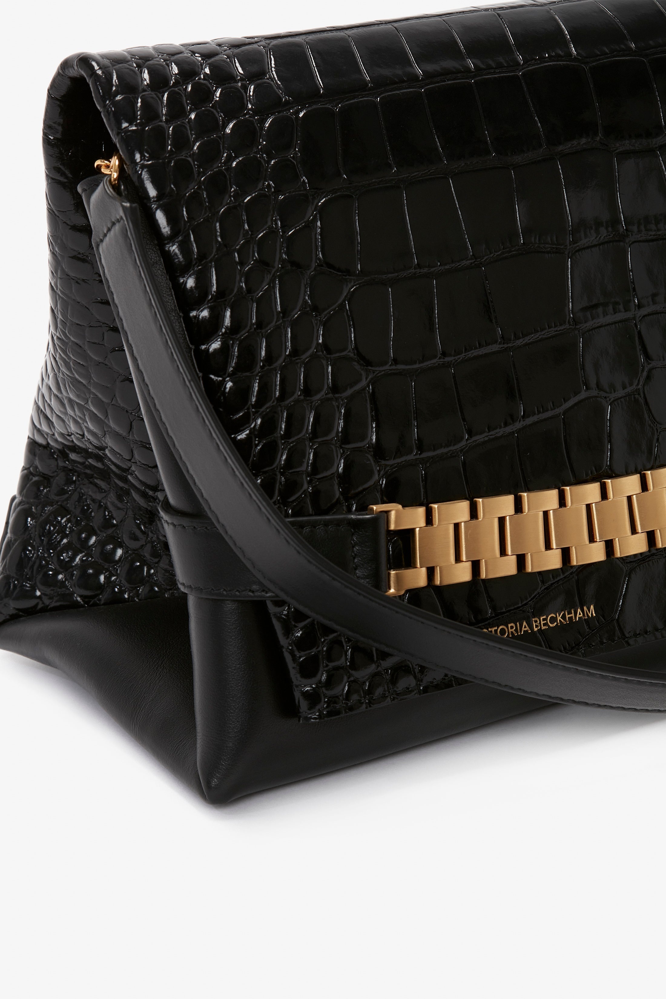 Chain Pouch With Strap In Black Croc-Effect Leather - 7