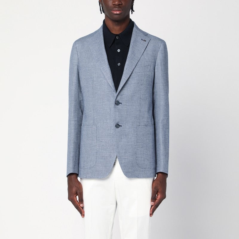 TAGLIATORE - Tagliatore Light Blue Single-Breasted Jacket In Linen And Cotton Men - 1