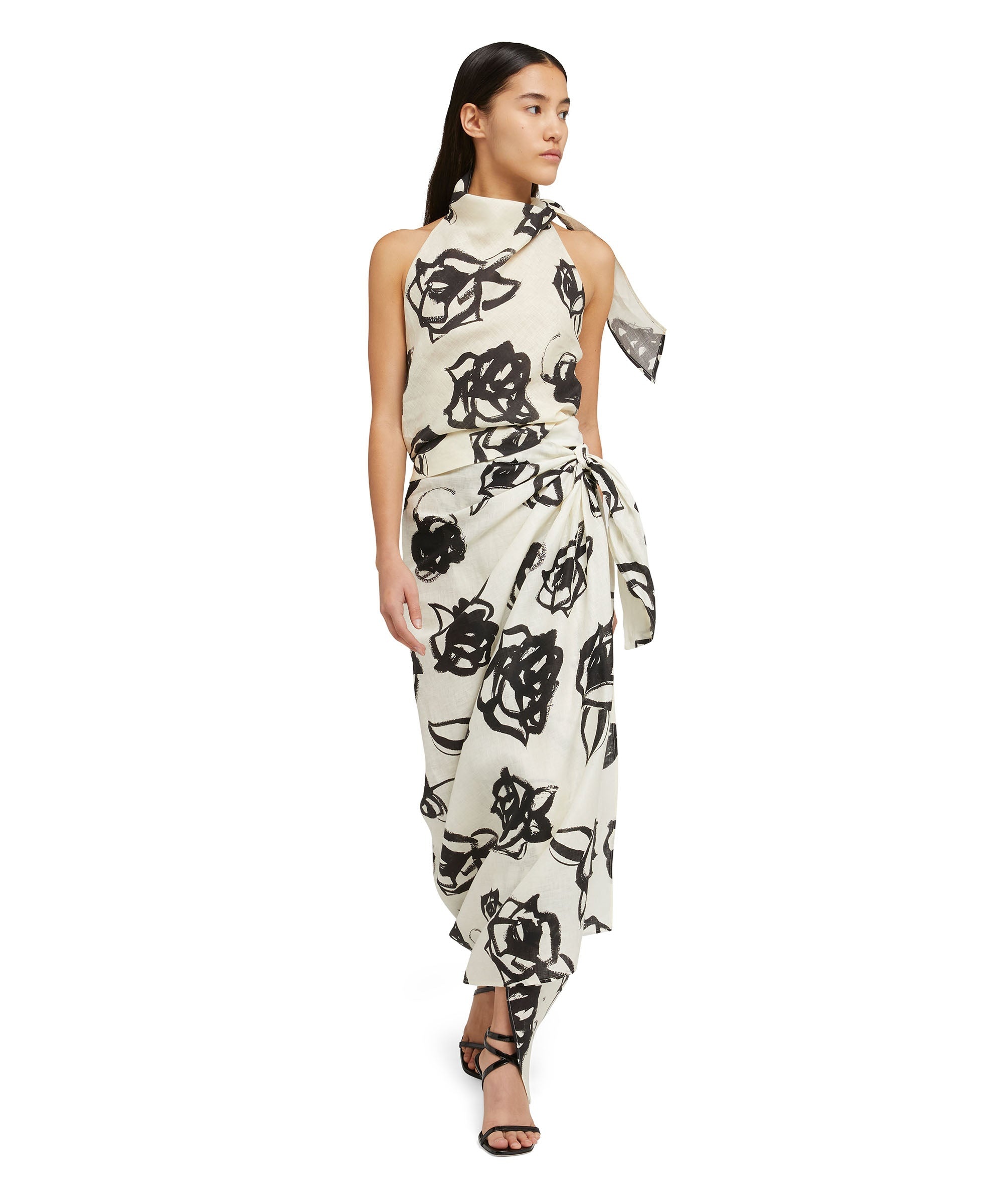 Blended linen wrap skirt with brushstroke rose print - 5