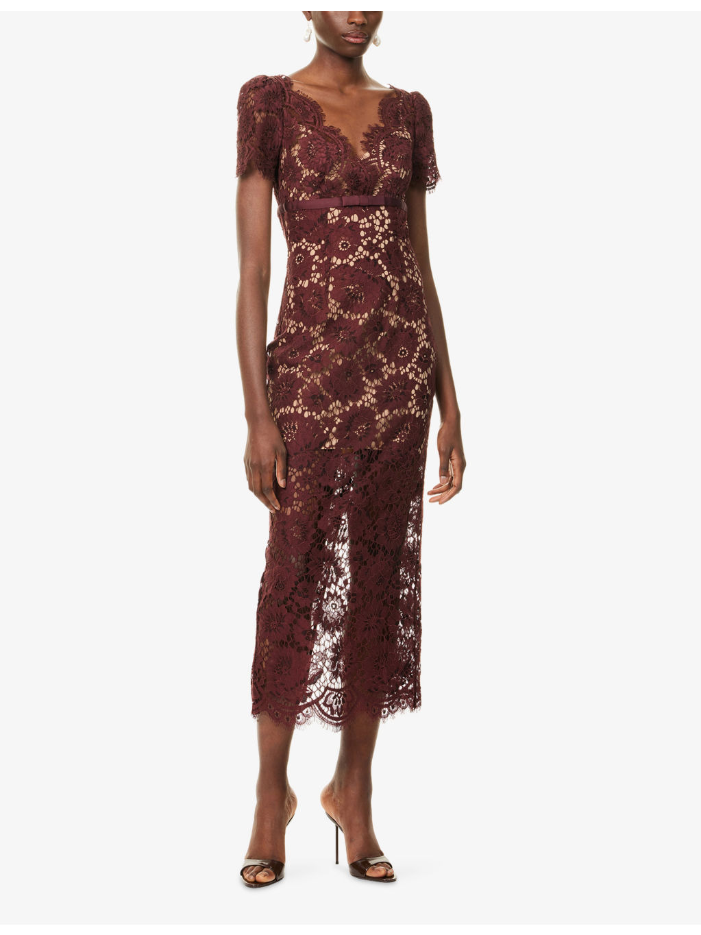 Floral Lace Bow-Embellished Woven Midi Dress - 3