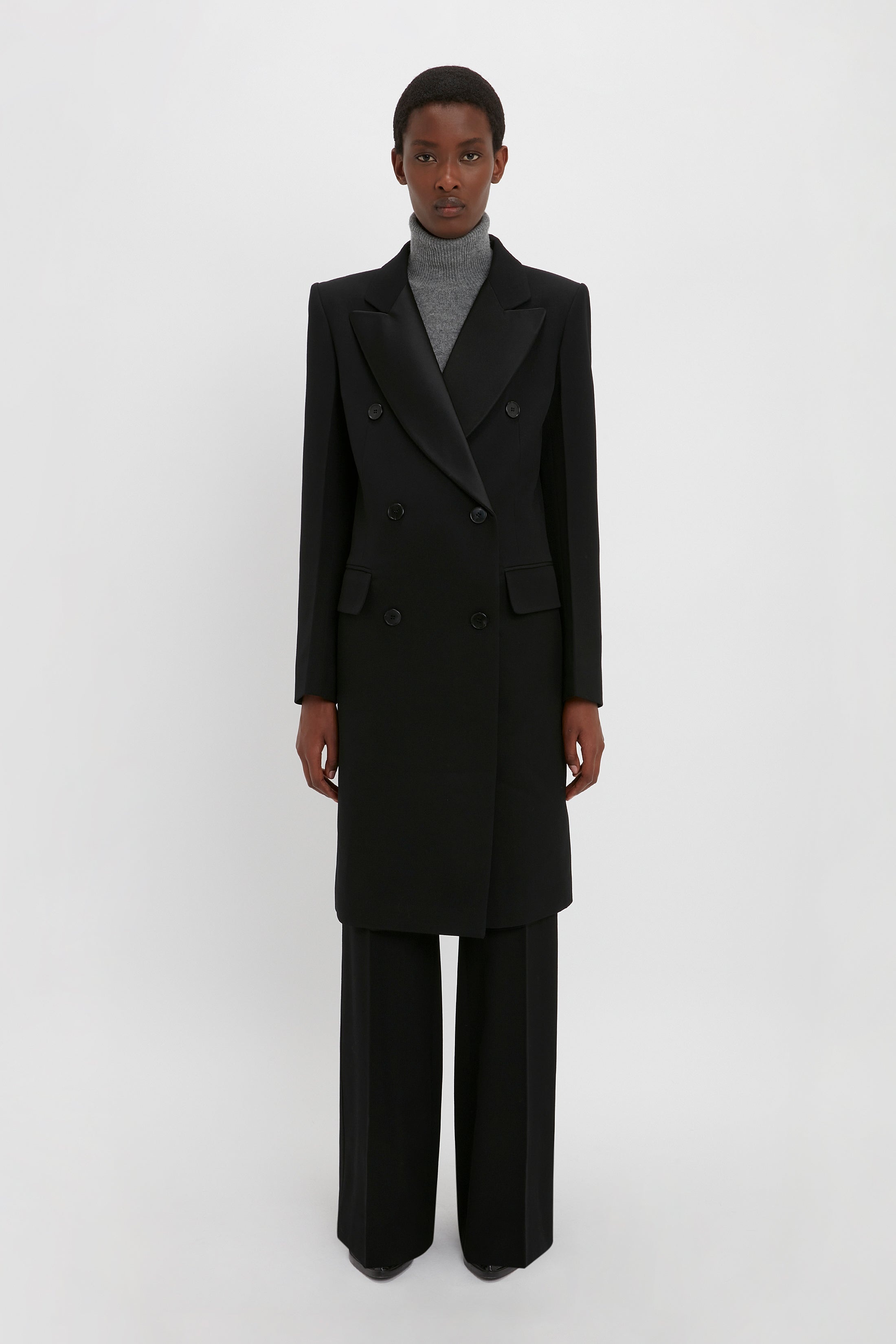 Double Breasted Tuxedo Coat in Black - 2