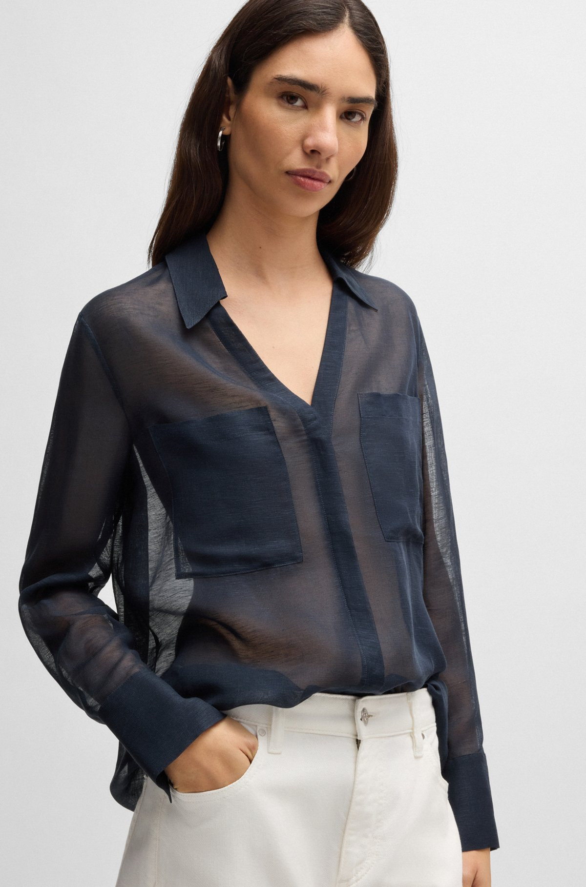 V-NECK BLOUSE IN RAMIE WITH COLLAR DETAIL - 6