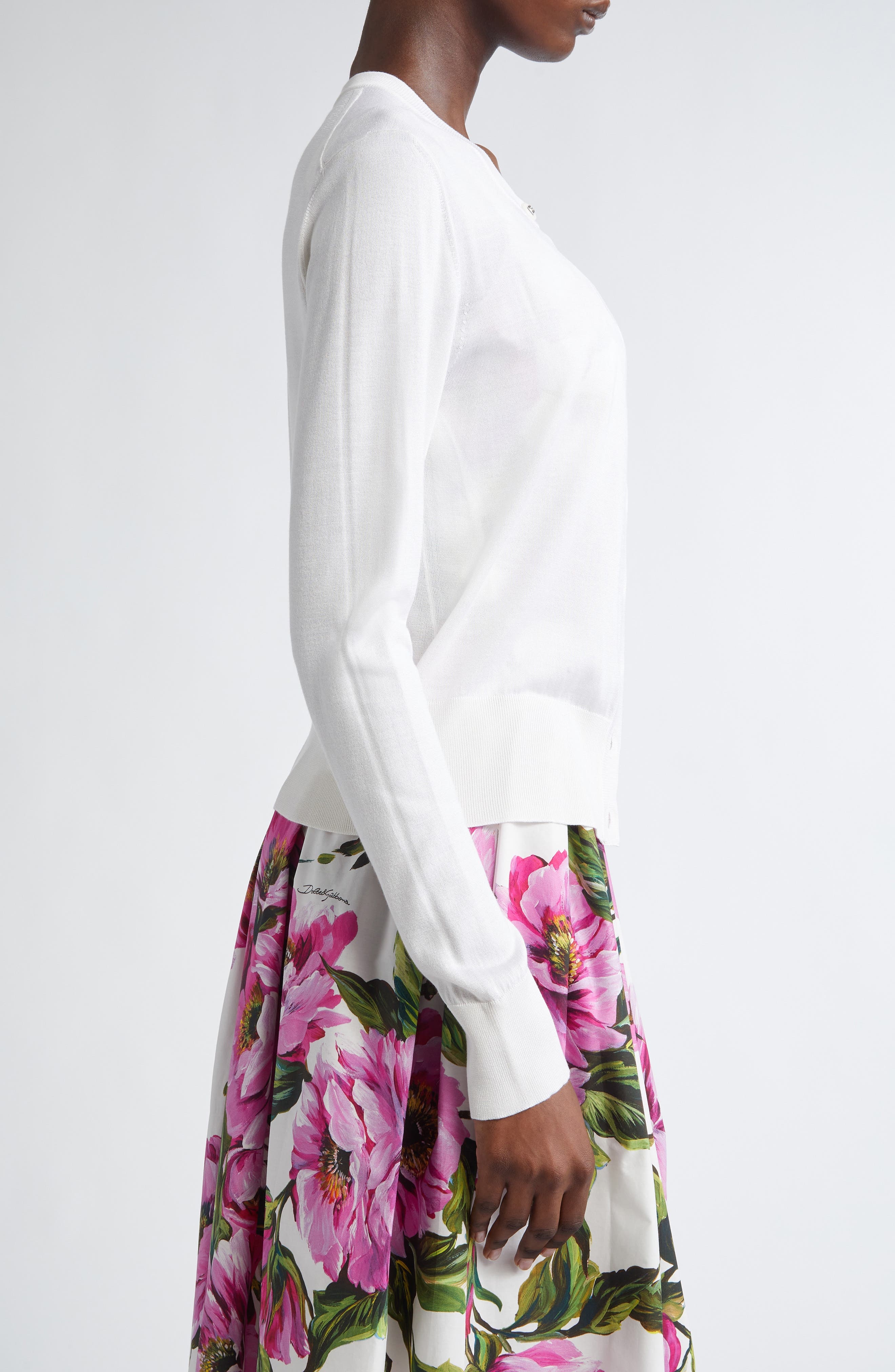 Dolce&Gabbana Floral Appliqué Silk Crewneck Cardigan in Bianco Ottico at Nordstrom - 4