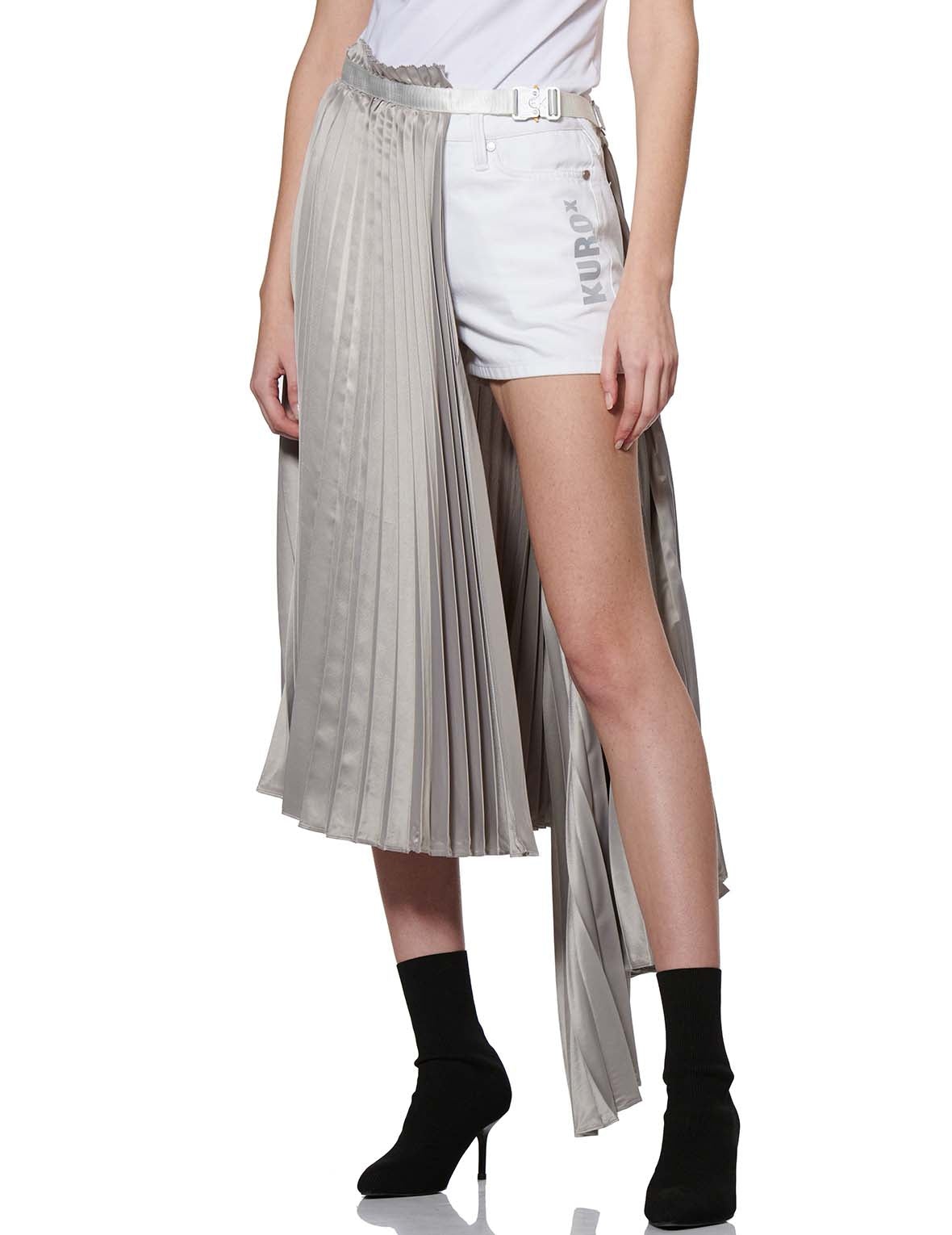 Denim Shorts with Asymmetric Pleated Skirt Overlay - 8