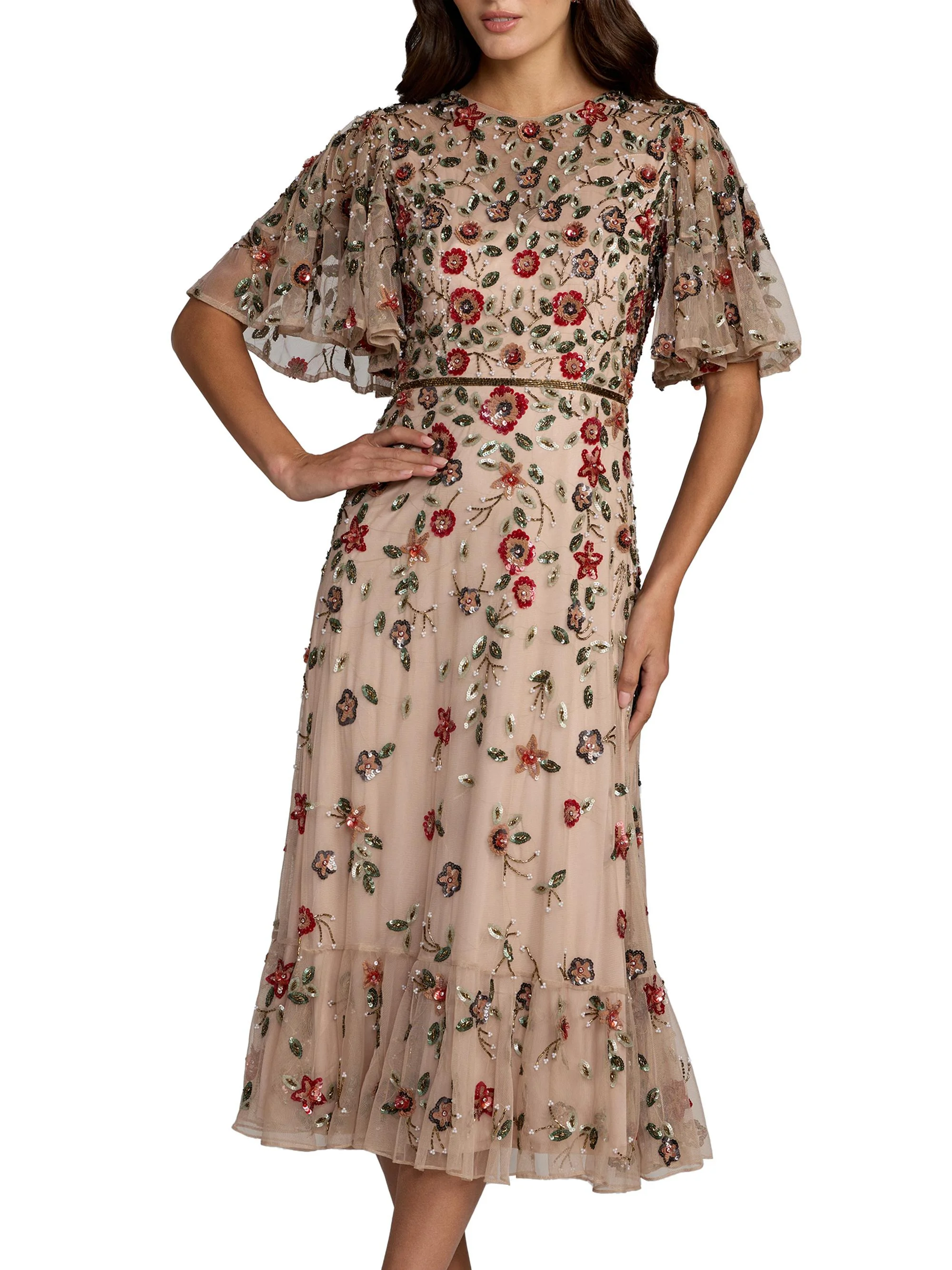 Women's Floral Beaded Mesh Midi-Dress - Antique Rose - 1