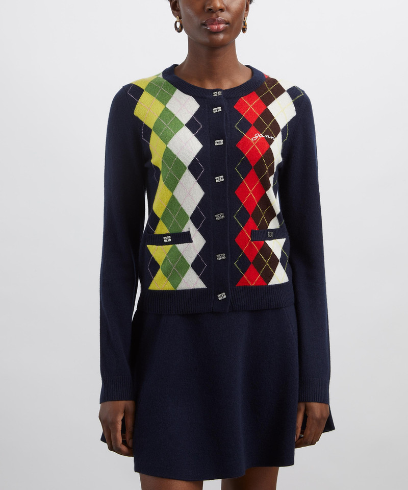GANNI Navy Wool-Cashmere Argyle Cardigan outlook