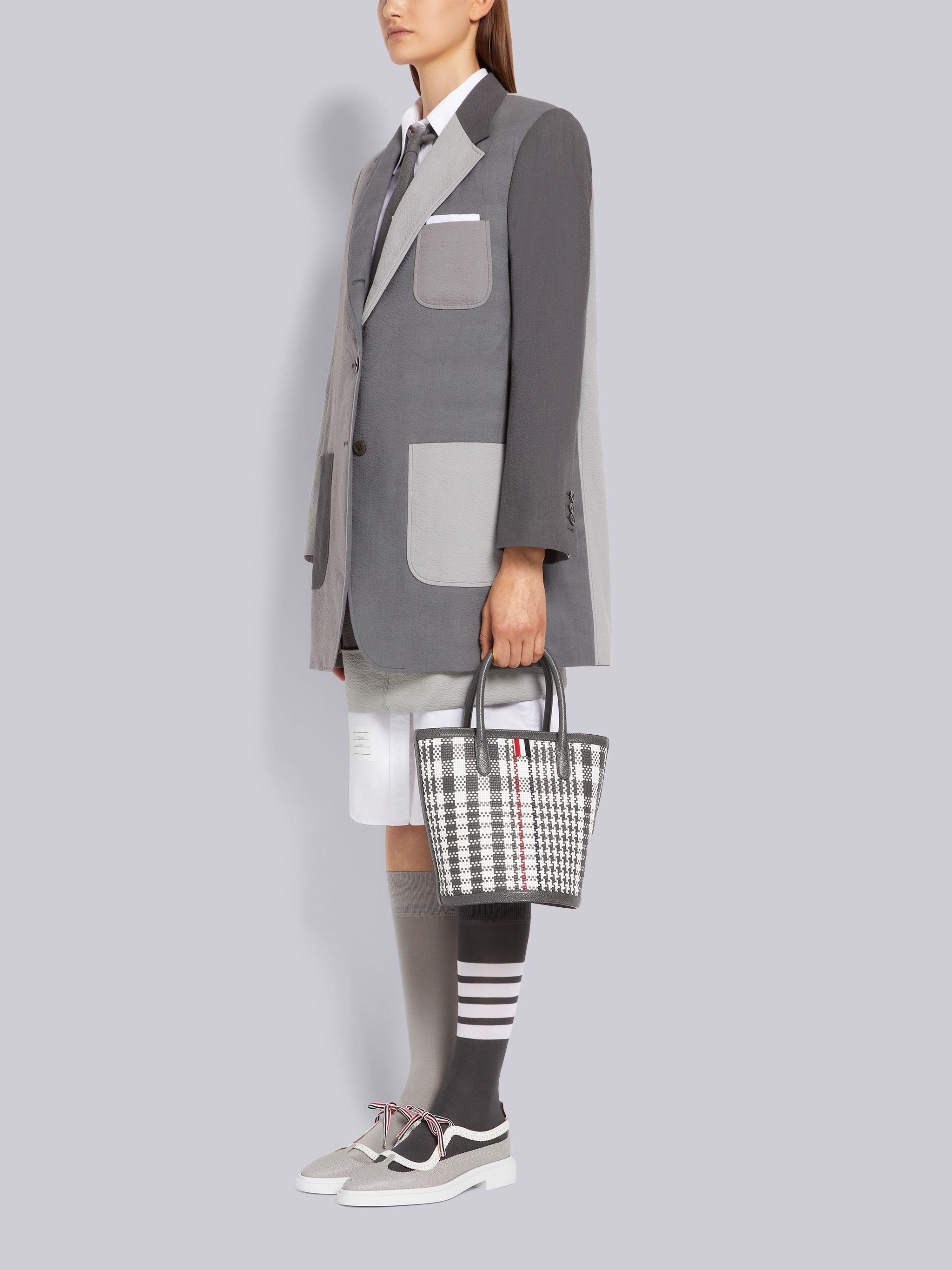 Dark Grey Calf Check Weaving Leather Frame Shoulder Strap Mini Bucket Bag - 6