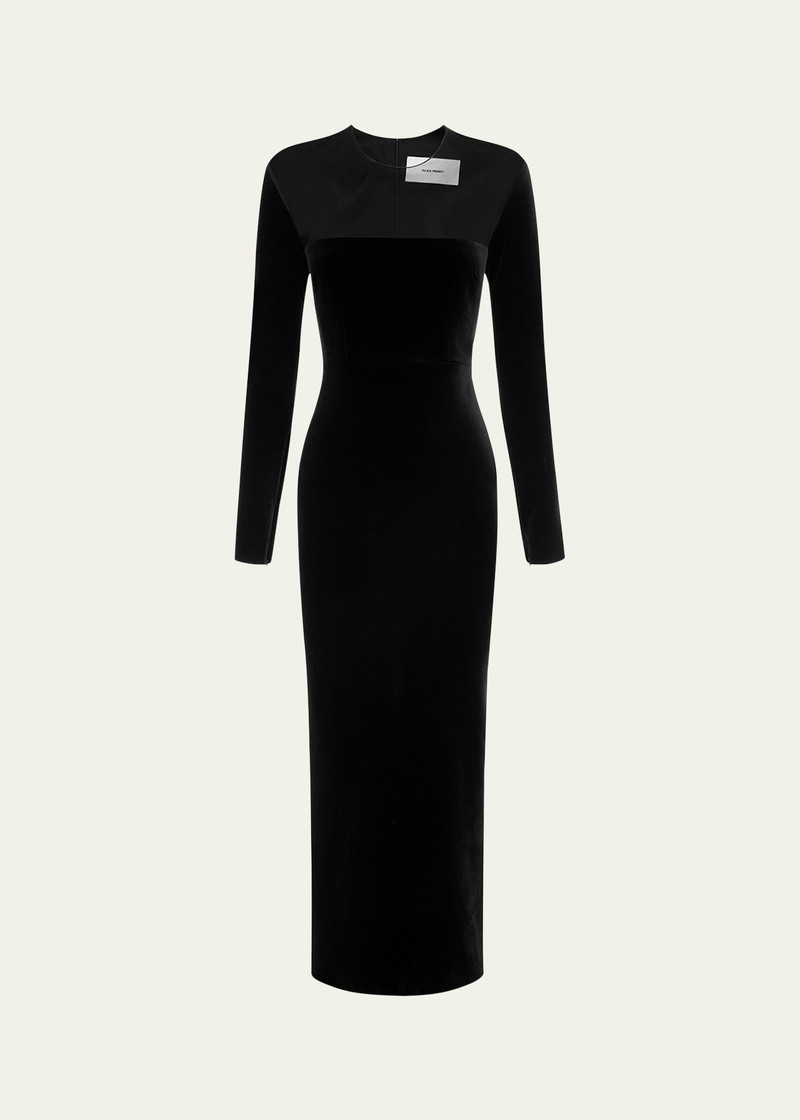Velvet Long Sleeve Dress with Contrast Mesh Panel 1