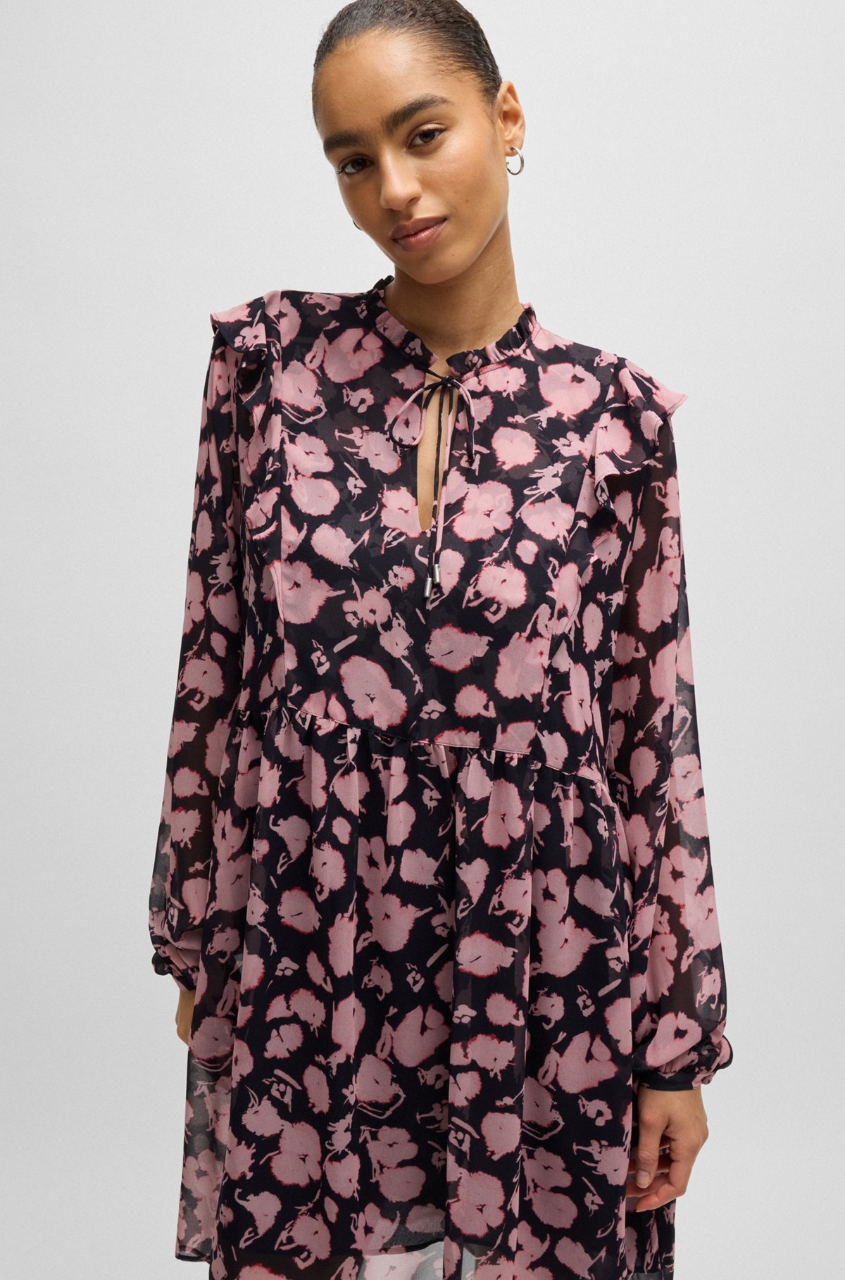 PRINTED DRESS WITH RUFFLE TRIMS AND BUTTON CUFFS - 5