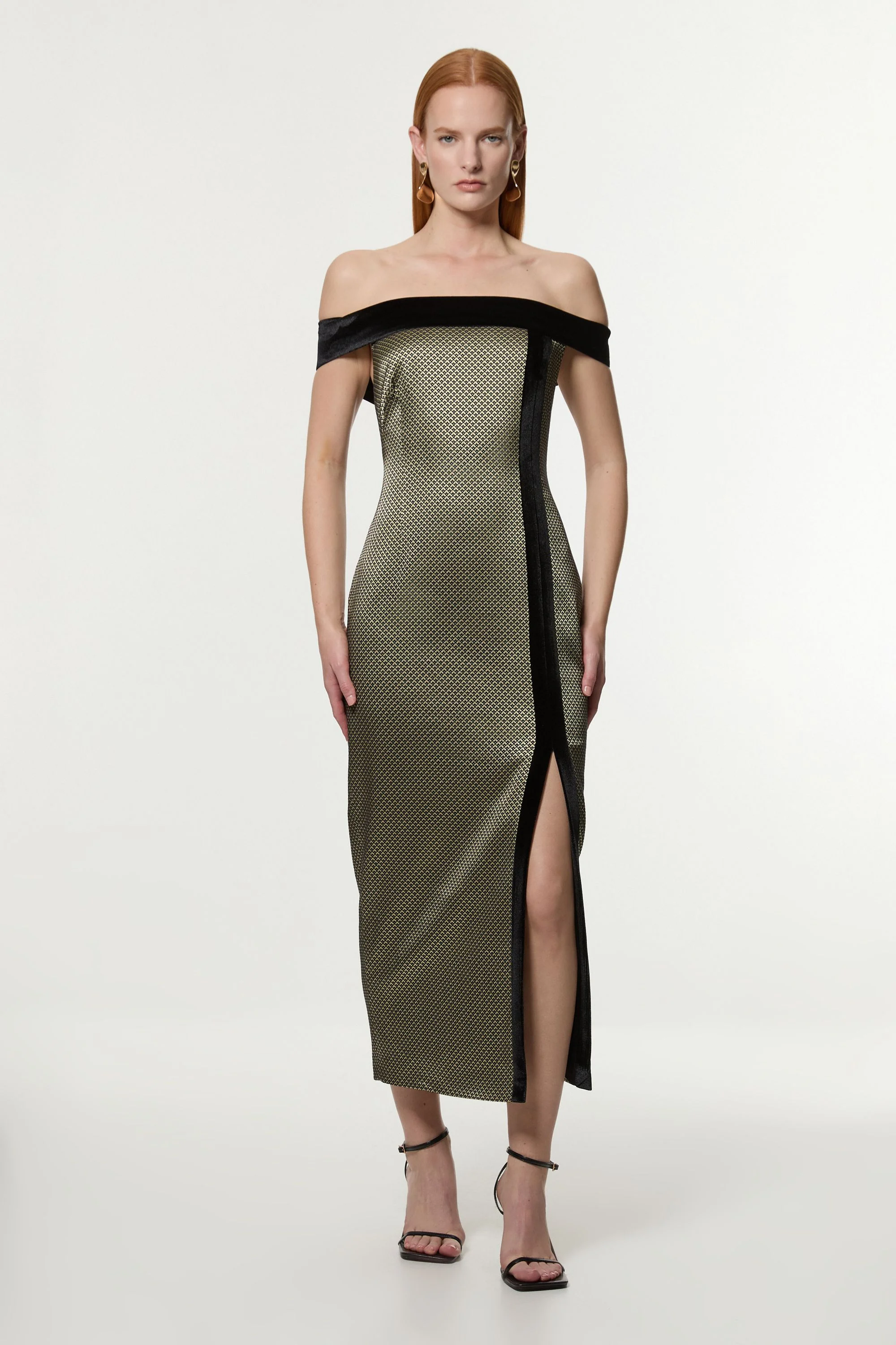 Geo Jacquard Velvet Mix Tailored Bardot Midi Dress - 1