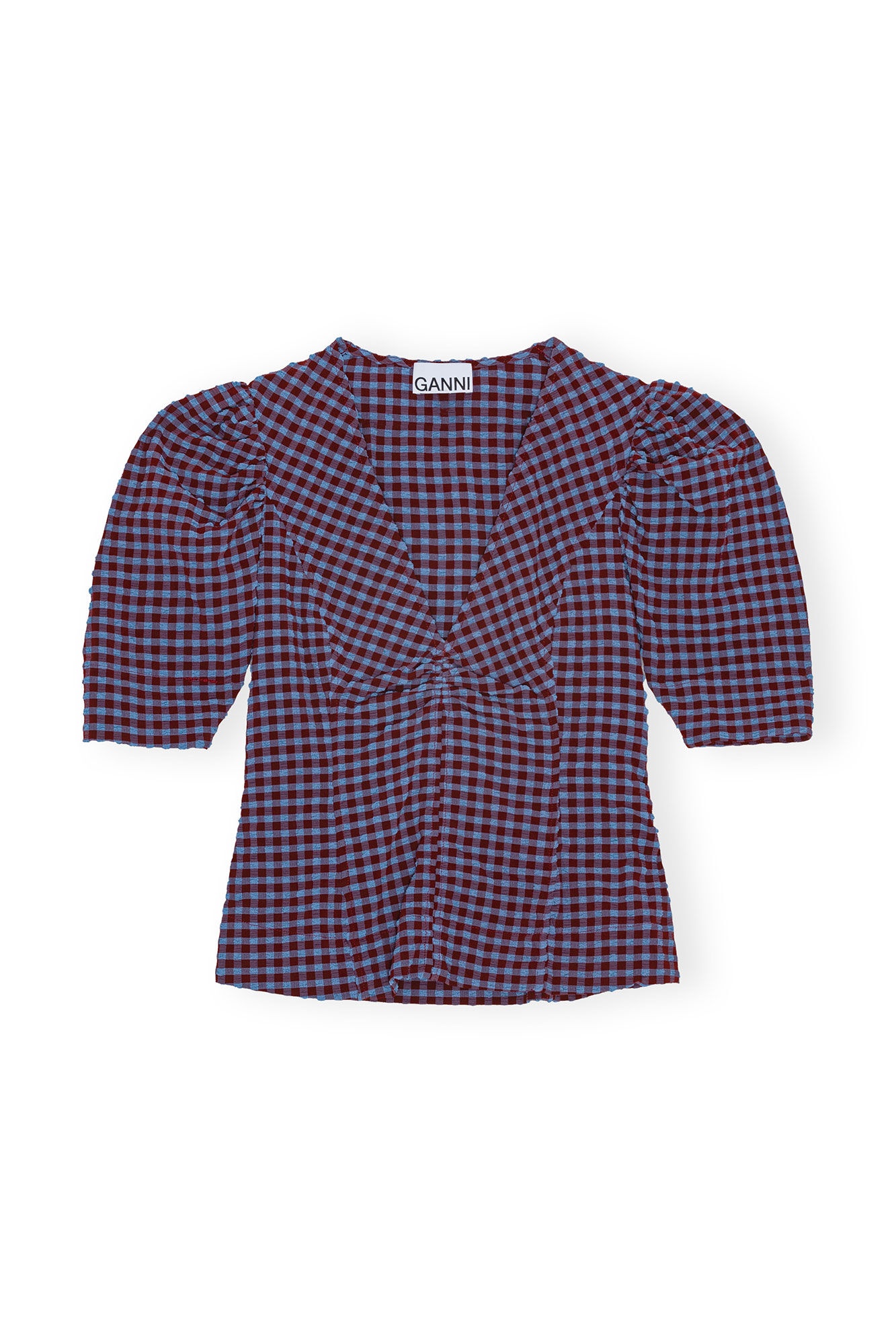 CHECKERED SEERSUCKER V-NECK BLOUSE - 6