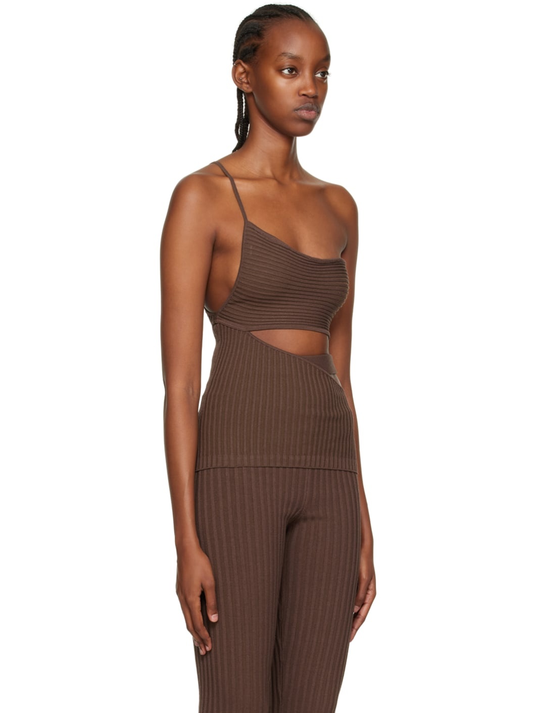 Brown One-Shoulder Tank Top - 2
