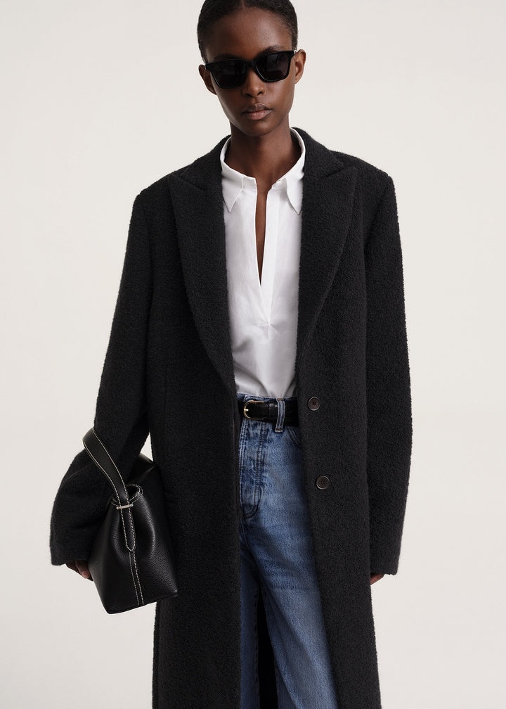 Bouclé wool peak lapel coat black - 5