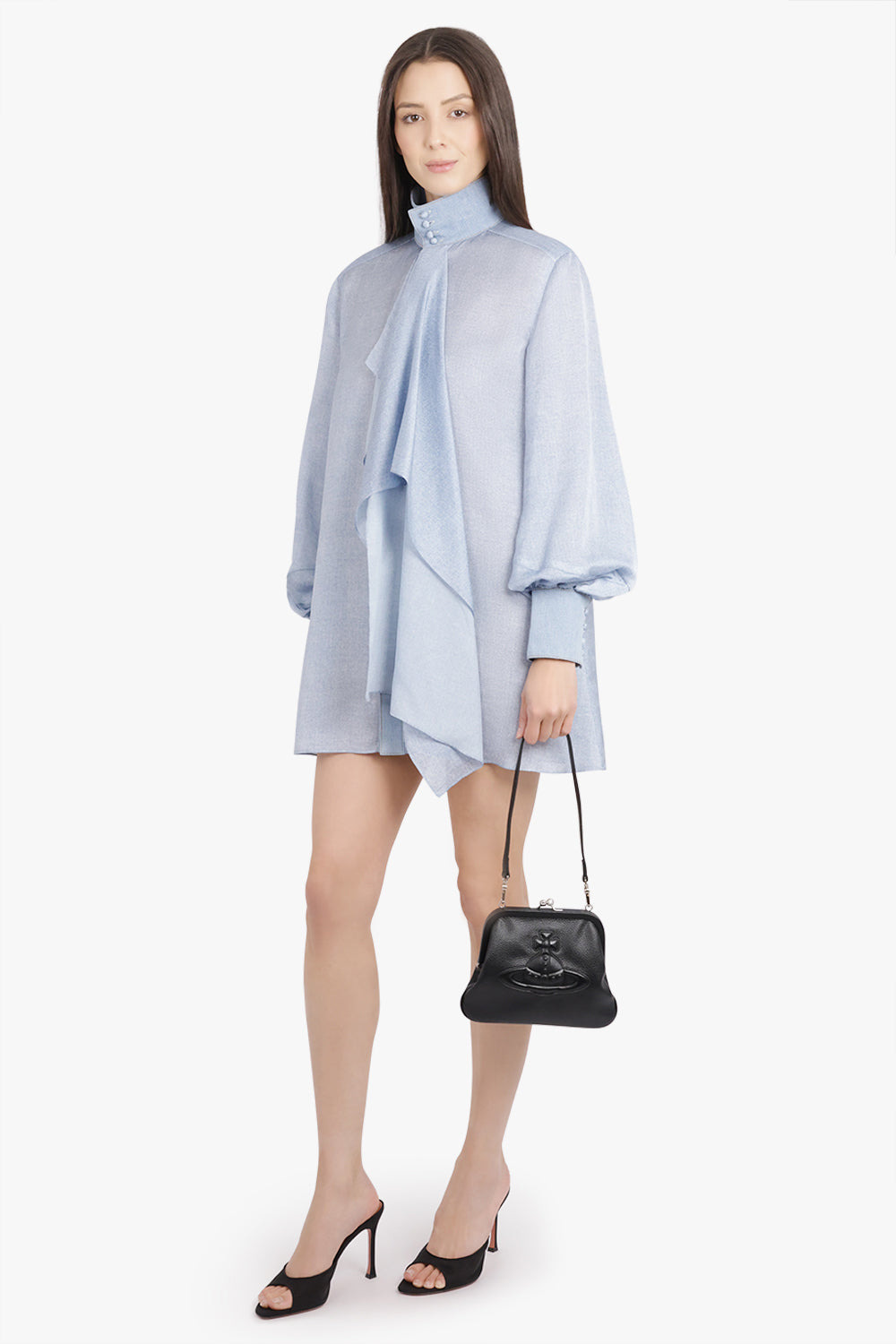 DENIM PRINT LAYERED MINI DRESS WITH HIGH NECK | LIGHT BLUE - 2