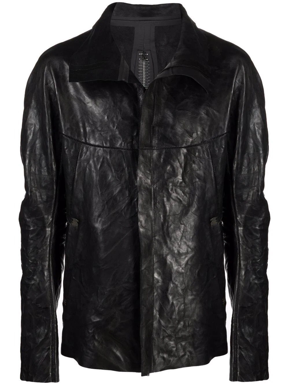 high-neck wrinkled-effect leather jacket - 1