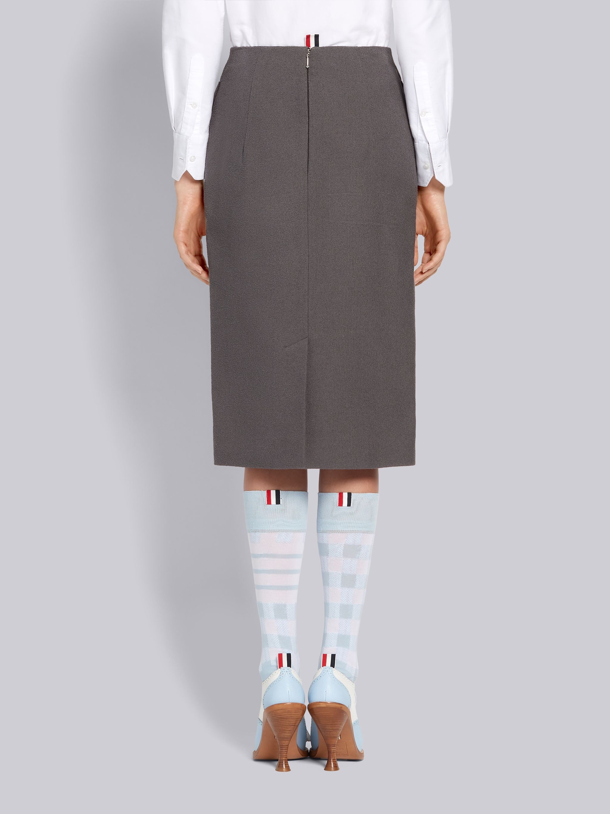 Dark Grey Cotton Boucle Suiting Side Engineered Stripe Knee Length Sheath Pencil Skirt - 3