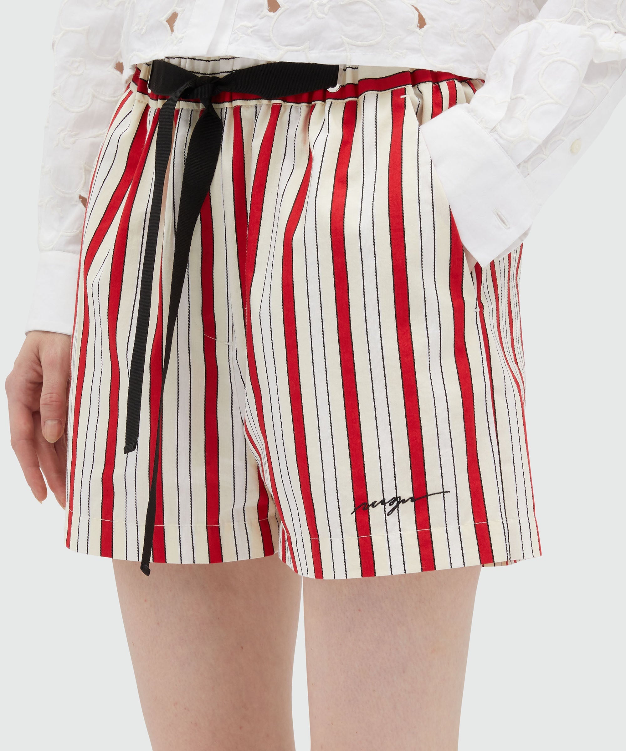Striped poplin shorts with ribbon at the waist - 5