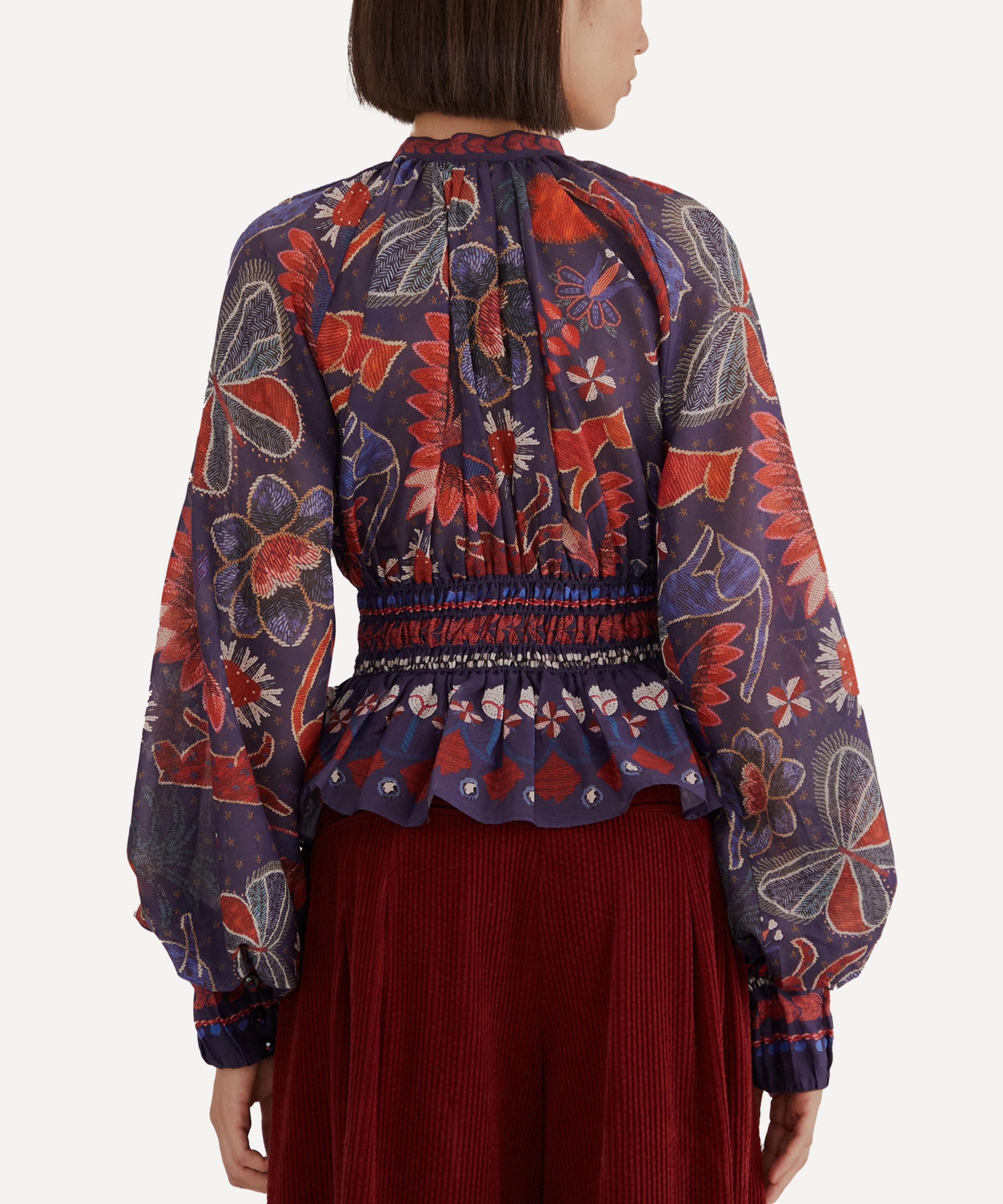Dark Blue Tropical Shine V-Neck Blouse - 3