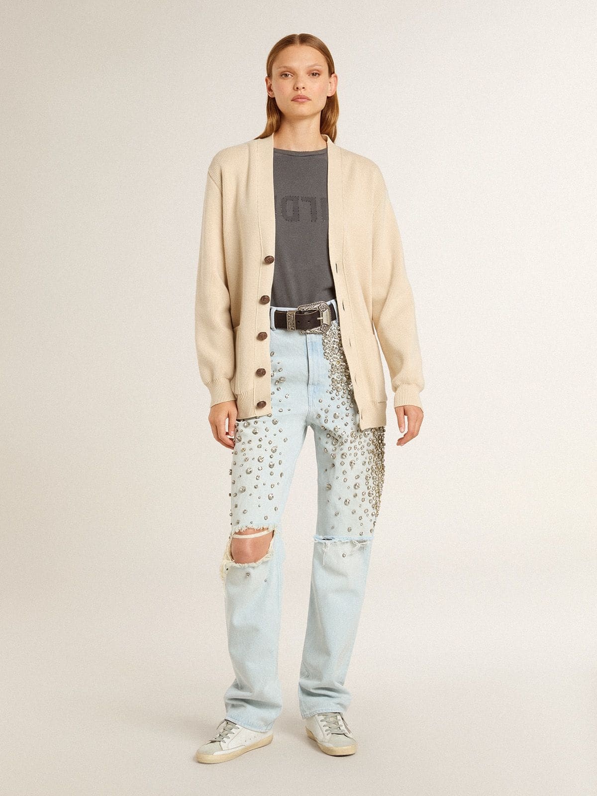 Women’s beige cardigan with 'Golden' lettering on the back - 3