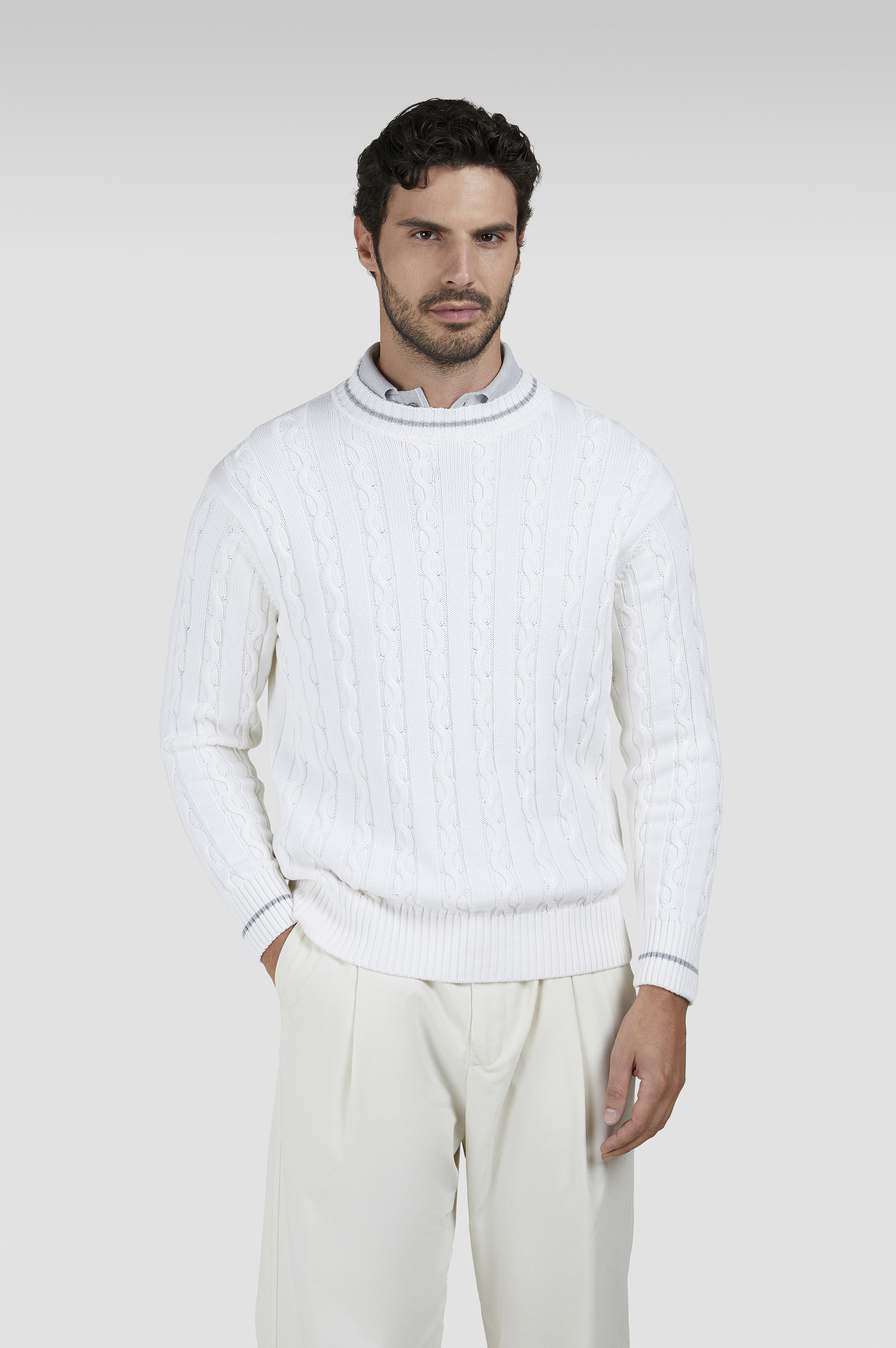 CREW NECK SWEATER IN COTTON AND CASHMERE WITH INLAYS - 6